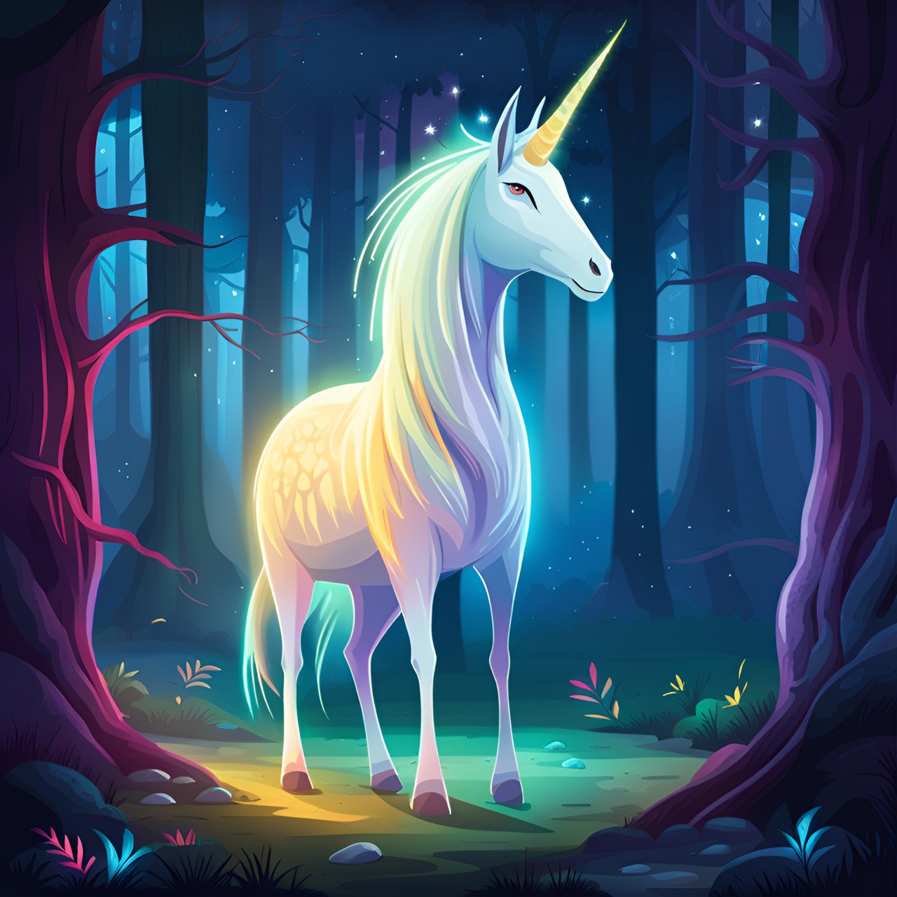 centered inside a magical forest, glowing in a strange light, stands a slender powerful unicorn, it’s more goat than horse preview