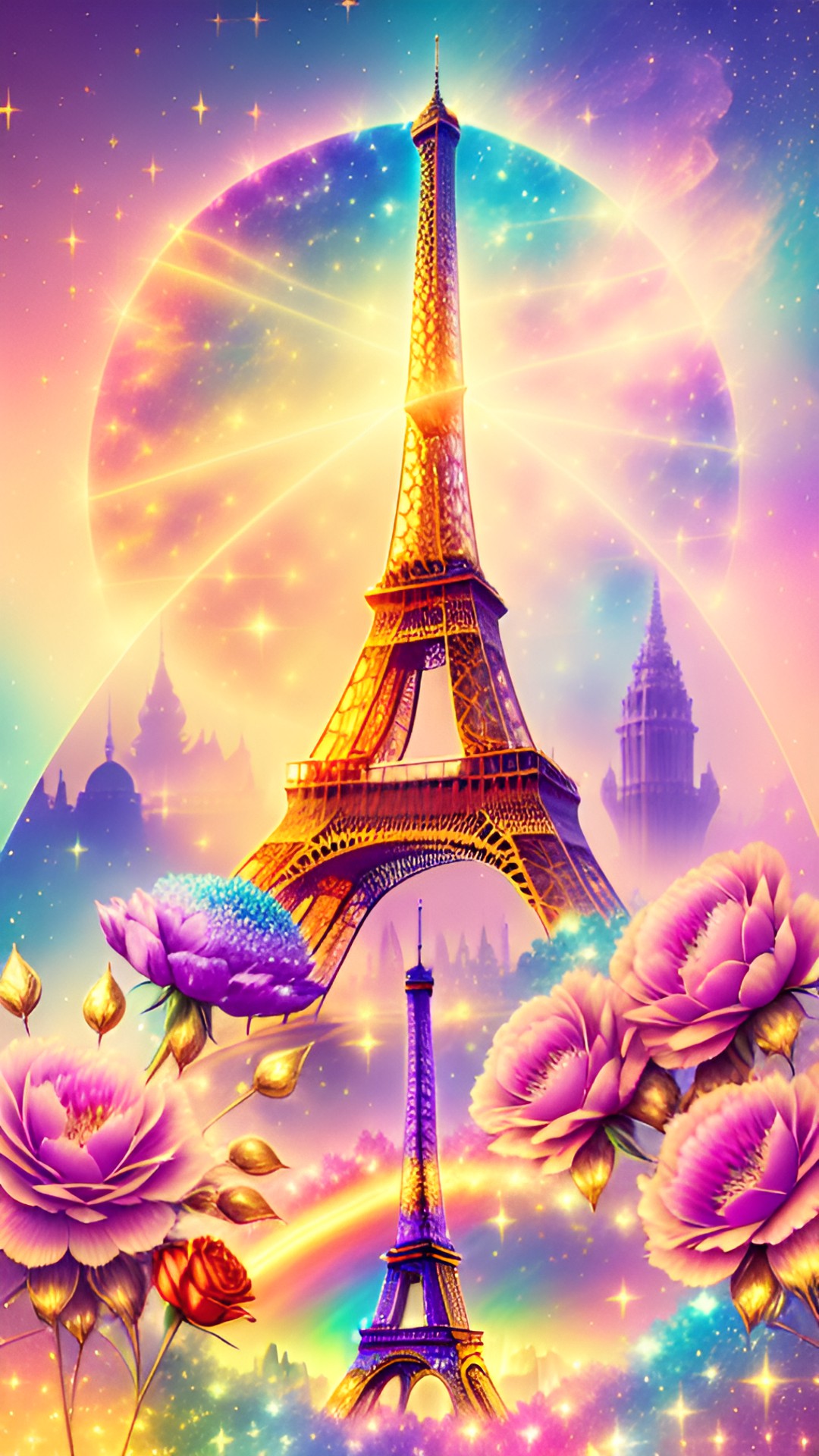 Deux Tour Eiffels - sparkling golden paris full of gold, pink, purple, red and orange diamonds, flowers, roses and peonies with eiffel tower full of rainbow diamonds with rose gold, gold, blue and crimson marbled sky full of golden stars and rainbow galaxy. preview