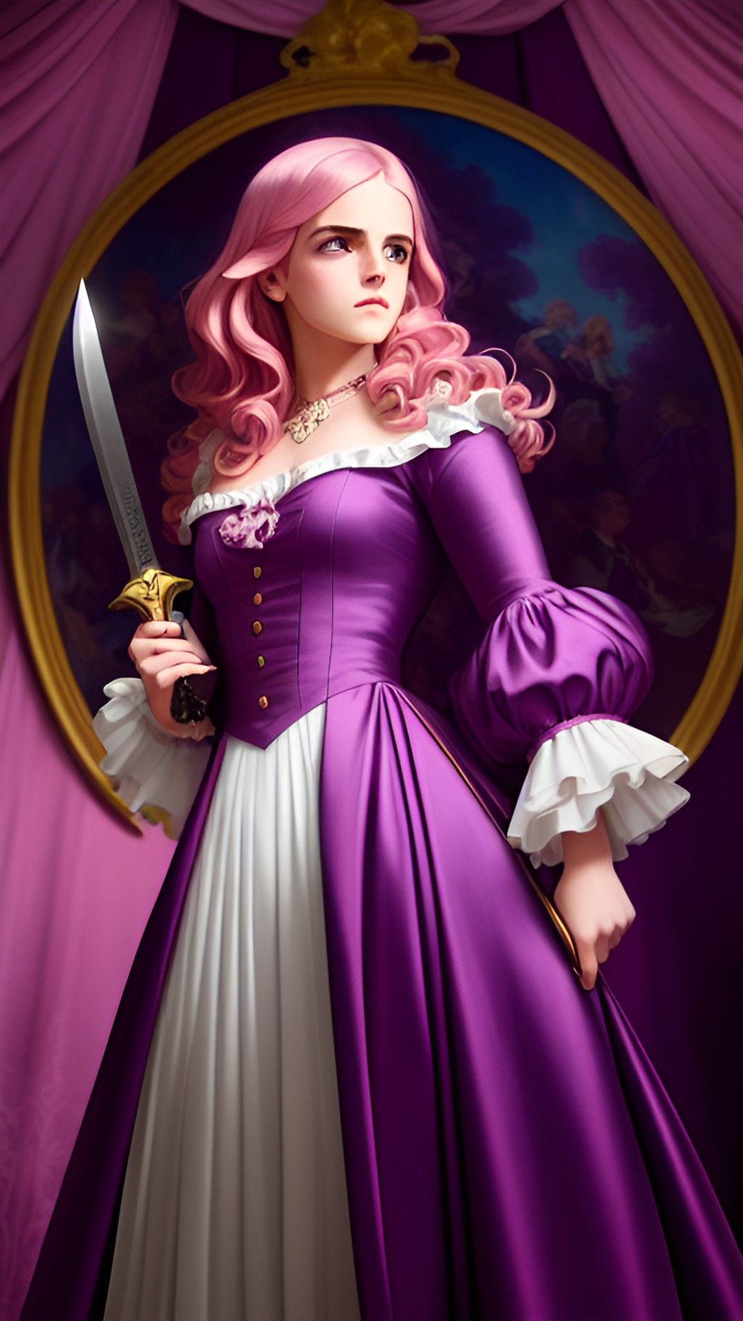 Purple Knight 55 - emma watson, purple, knife in her hand, long flowing pink hair, soft rococo pastels of jean-honoré fragonard and the sleek art deco aesthetics of tamara de lempicka, strong shape language, perfect visual quality, fragonard’s whimsical cherubim and flowing fabrics, glowing lights preview