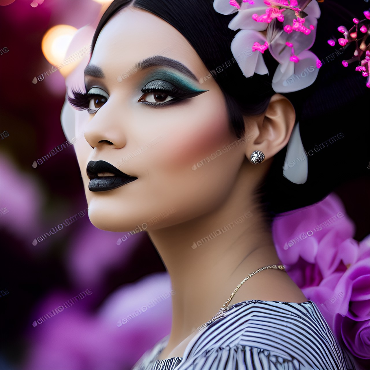 Flower lady - woman with black hair wearing light, natural makeup. she looks neat and civilized, and has an elegant aura about her. preview