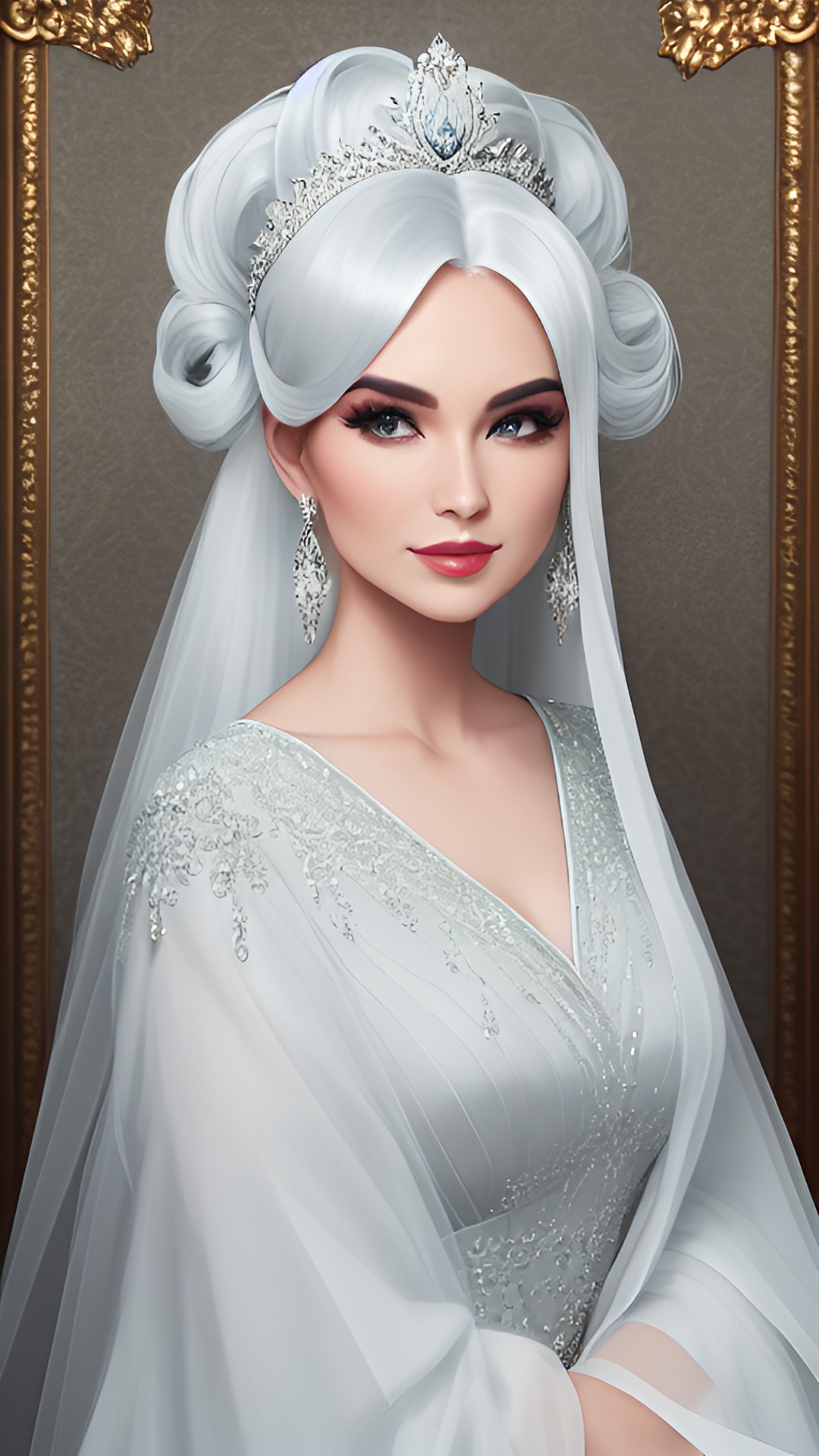 Eveline - an elegant queen in a long flowing elegant silver evening gown walking in a dignified graceful way preview