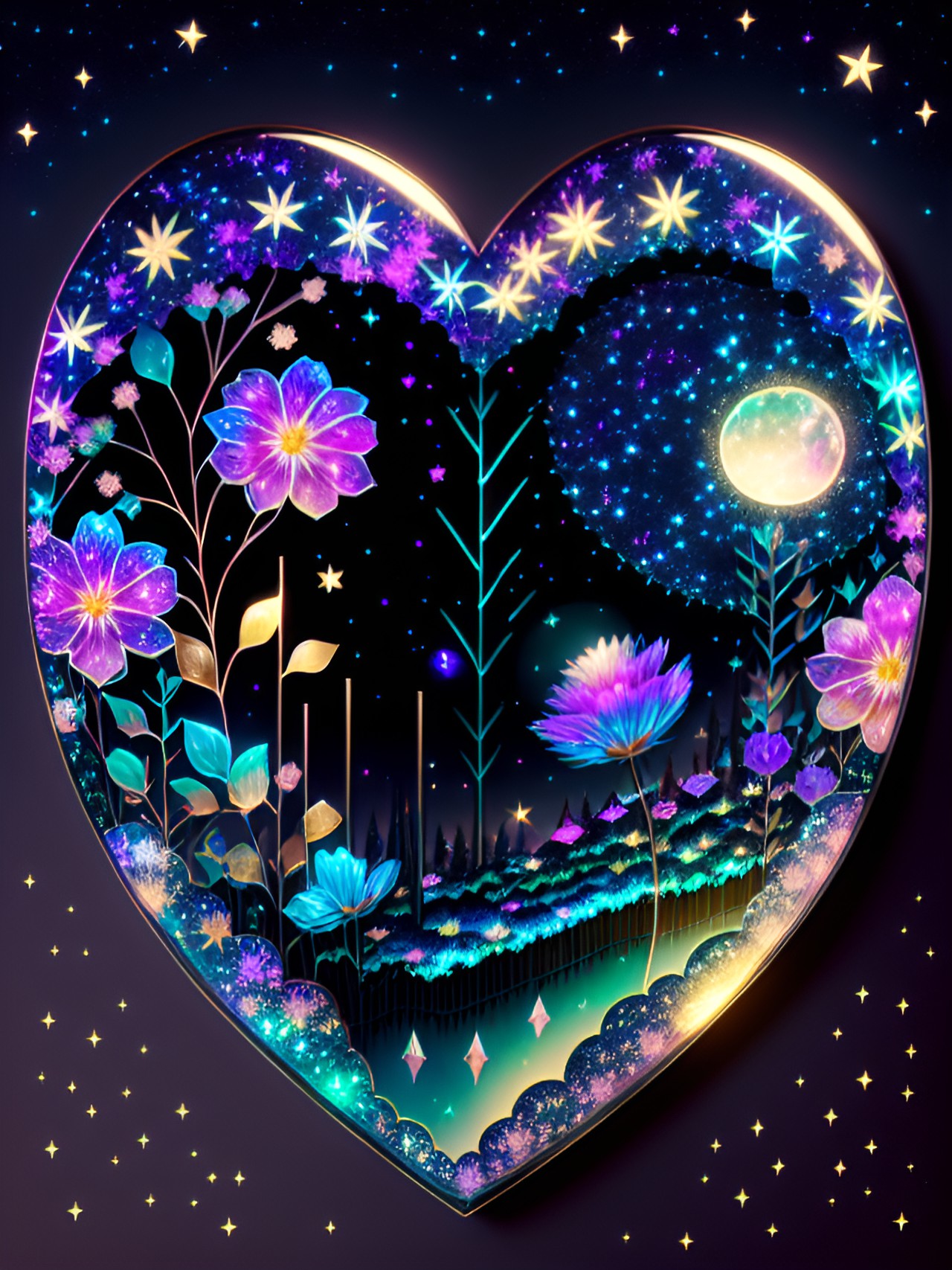 uhd metallic glossy glittery prismatic heart with flowers romantic moonlight preview