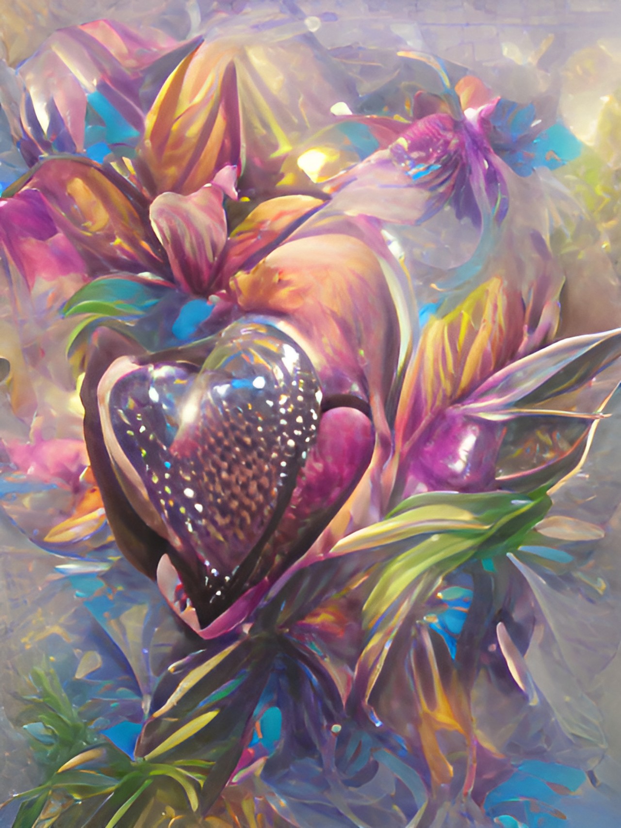 uhd metallic glossy glittery prismatic heart with flowers preview