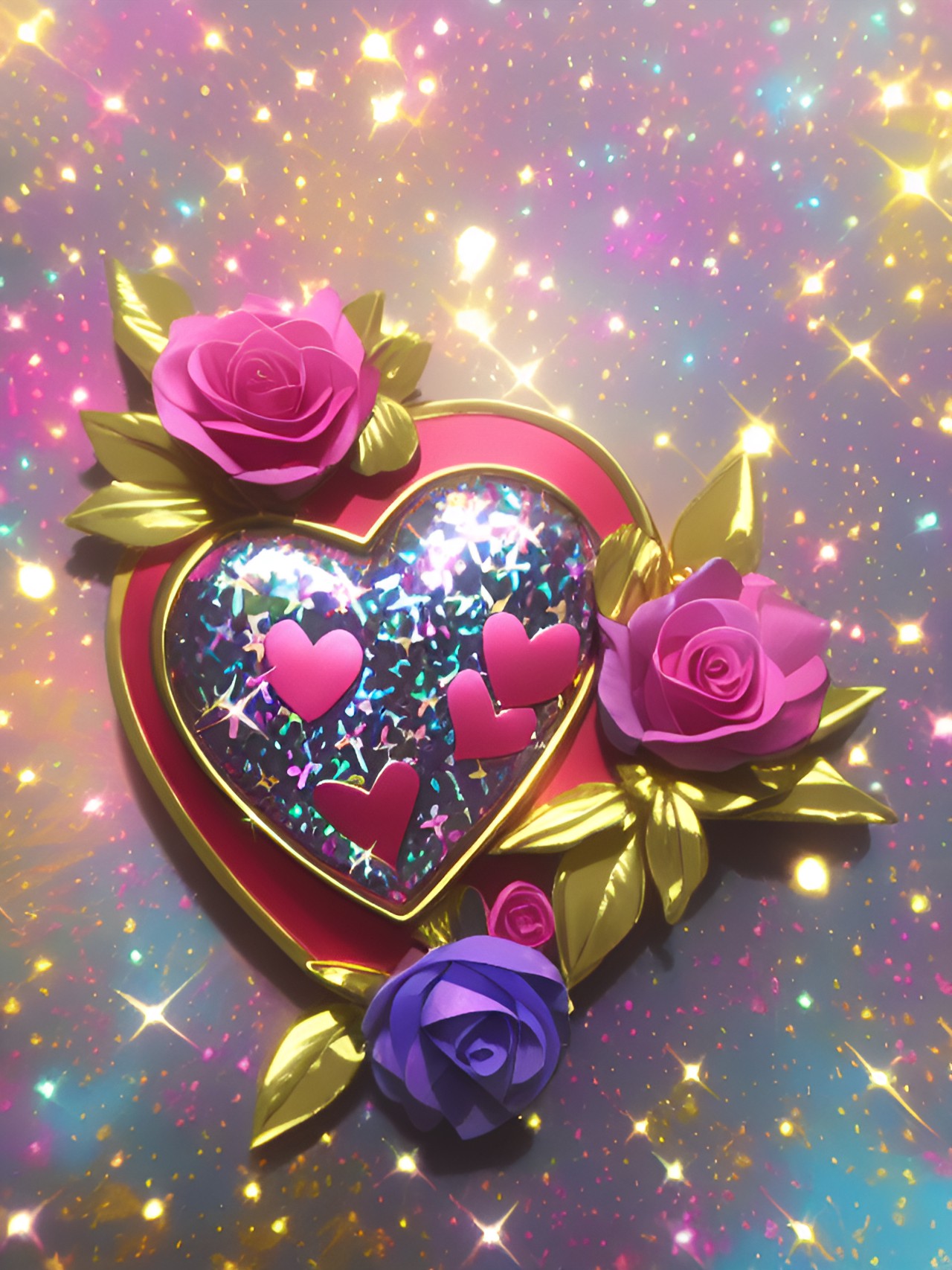 uhd metallic glossy glittery prismatic heart with flowers preview