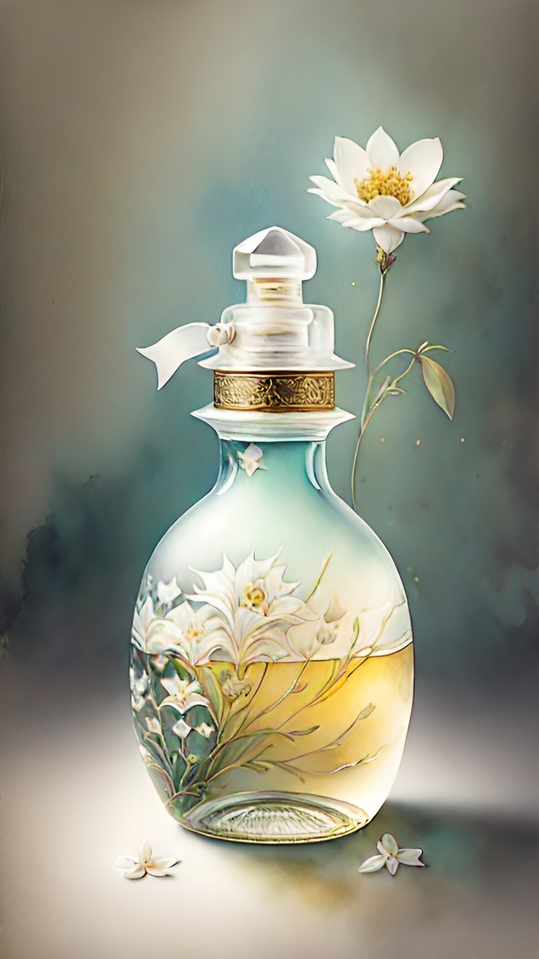 a baroque perfume with jasmine, white borders, kids story book style, muted colors, watercolor style preview