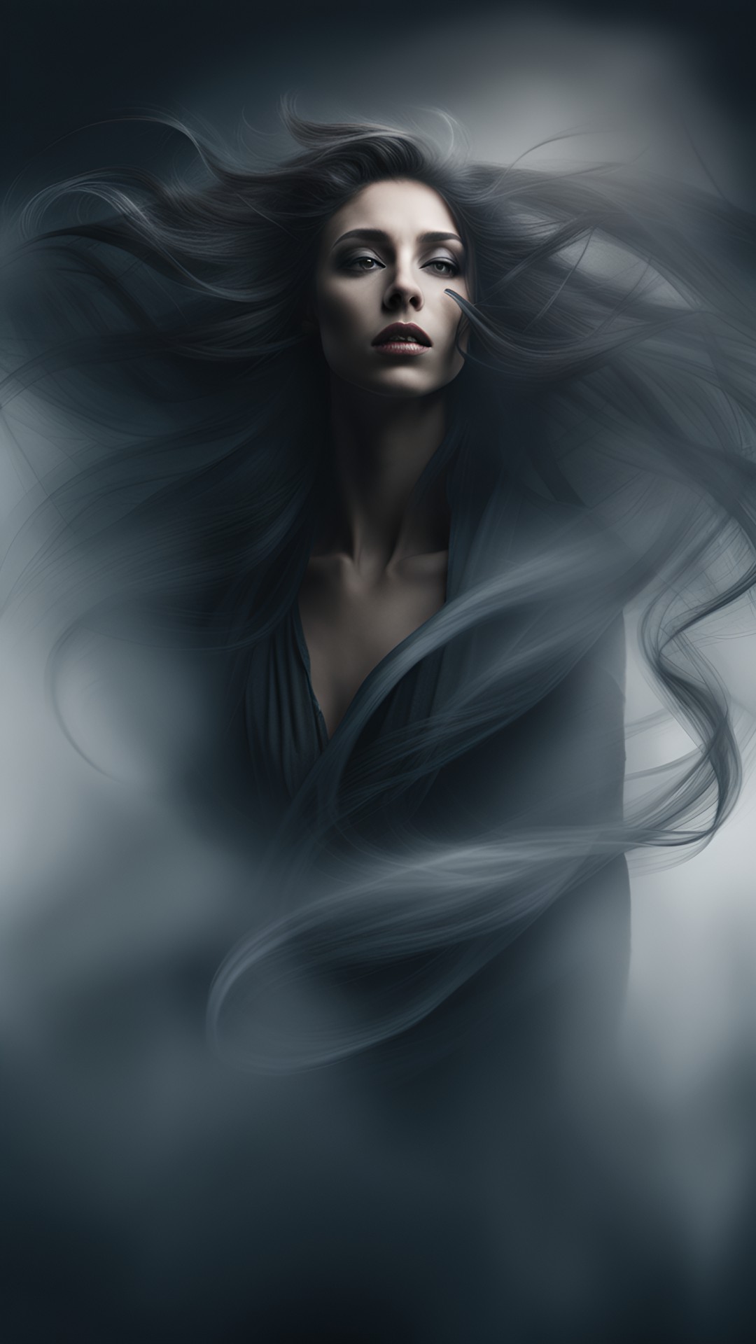 a haunting portrait of a mysterious woman emerging from the mist, with her hair flowing like tendrils of smoke. preview