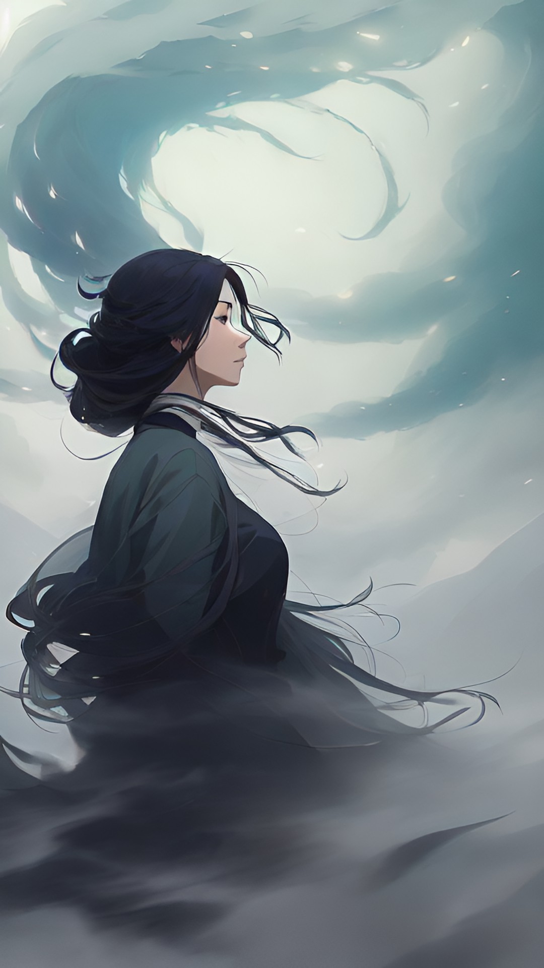 a haunting portrait of a mysterious woman emerging from the mist, with her hair flowing like tendrils of smoke. preview