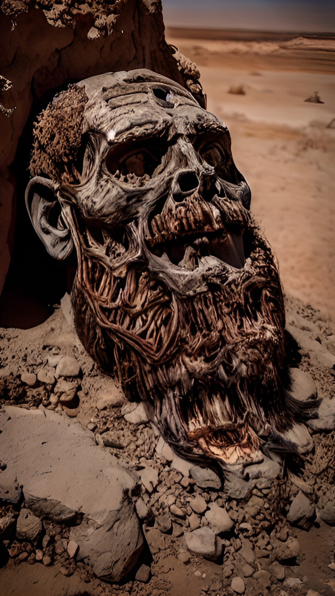 gigantic prehistoric cromagnon man buried in the saharan desert up to his decomposed head and neck discovered by anthropologic explorers. preview