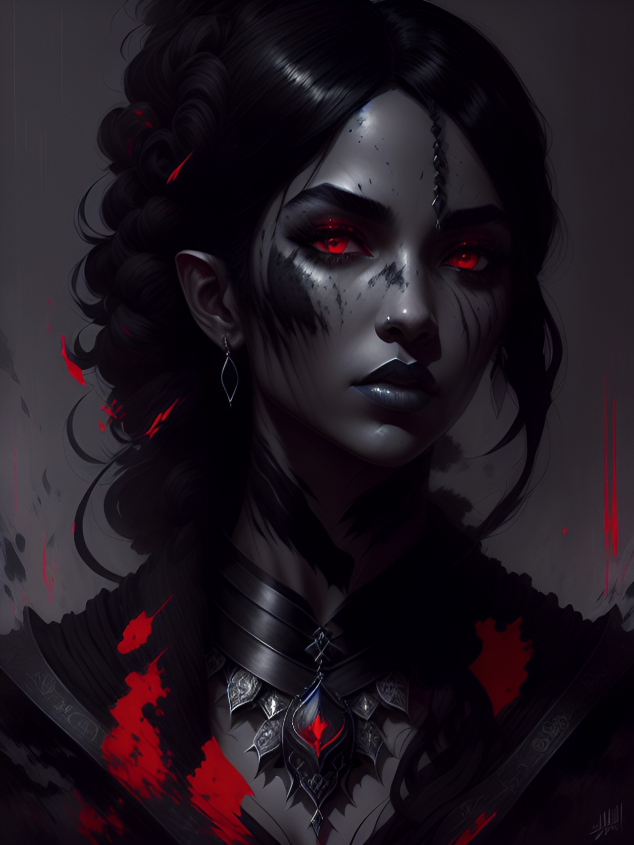 Nhya - black elf lady, curly black hair. skin appears ghostly blue and translusent, ghostly red coals for eyes, and face appears gaunt. evil looking necklace preview