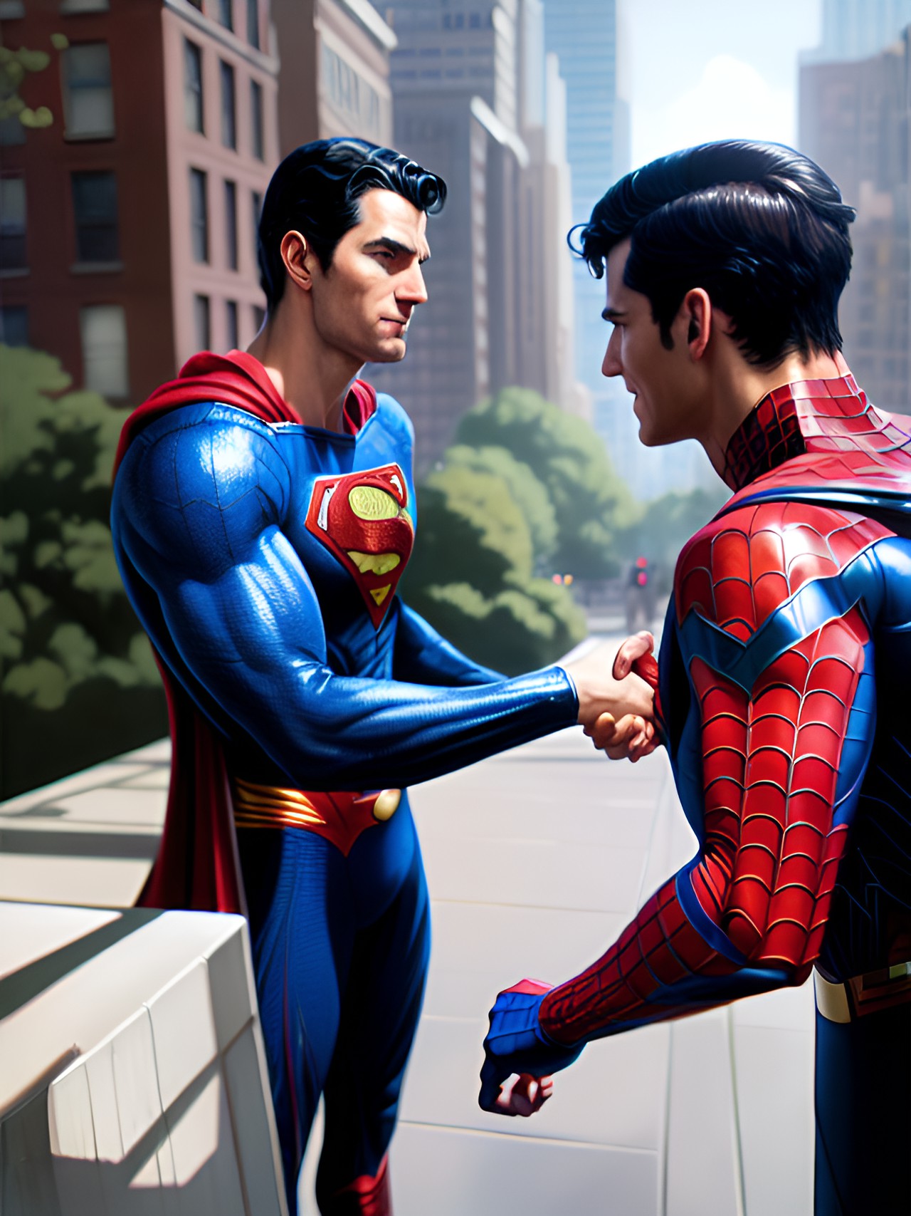 superman shaking hands with spider-man. preview