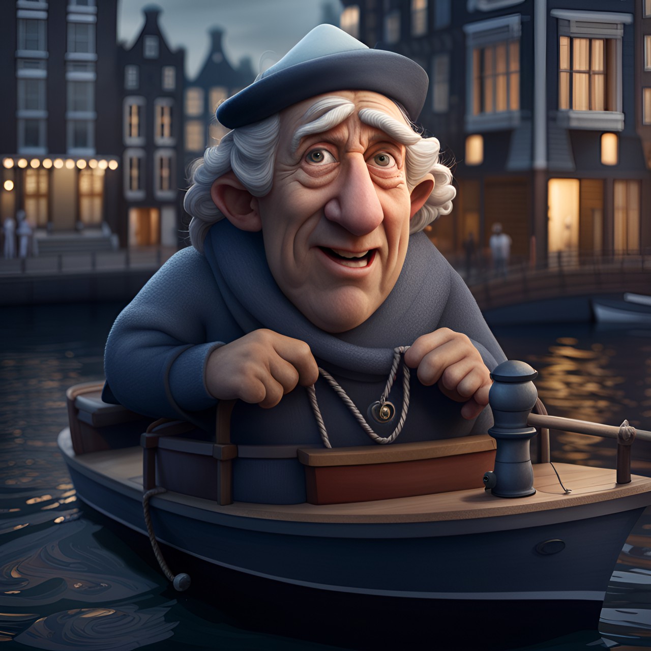 Styx - grotesque humorous illustration on amsterdam busy bay with, sailing traveling portrait,lonely, nice, soft lighting, hyperrealism, looking at viewer, by range,dark scene ,by michael william & pixar,3d octane render preview