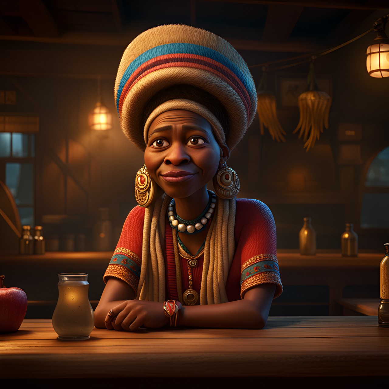 the Sage - grotesque humorous  illustration on guatemala tavern,bridgit bardot as african native portrait,lonely, nice, soft lighting, hyperrealism, looking at viewer, by range,dark scene ,by michael william & pixar,3d octane render preview