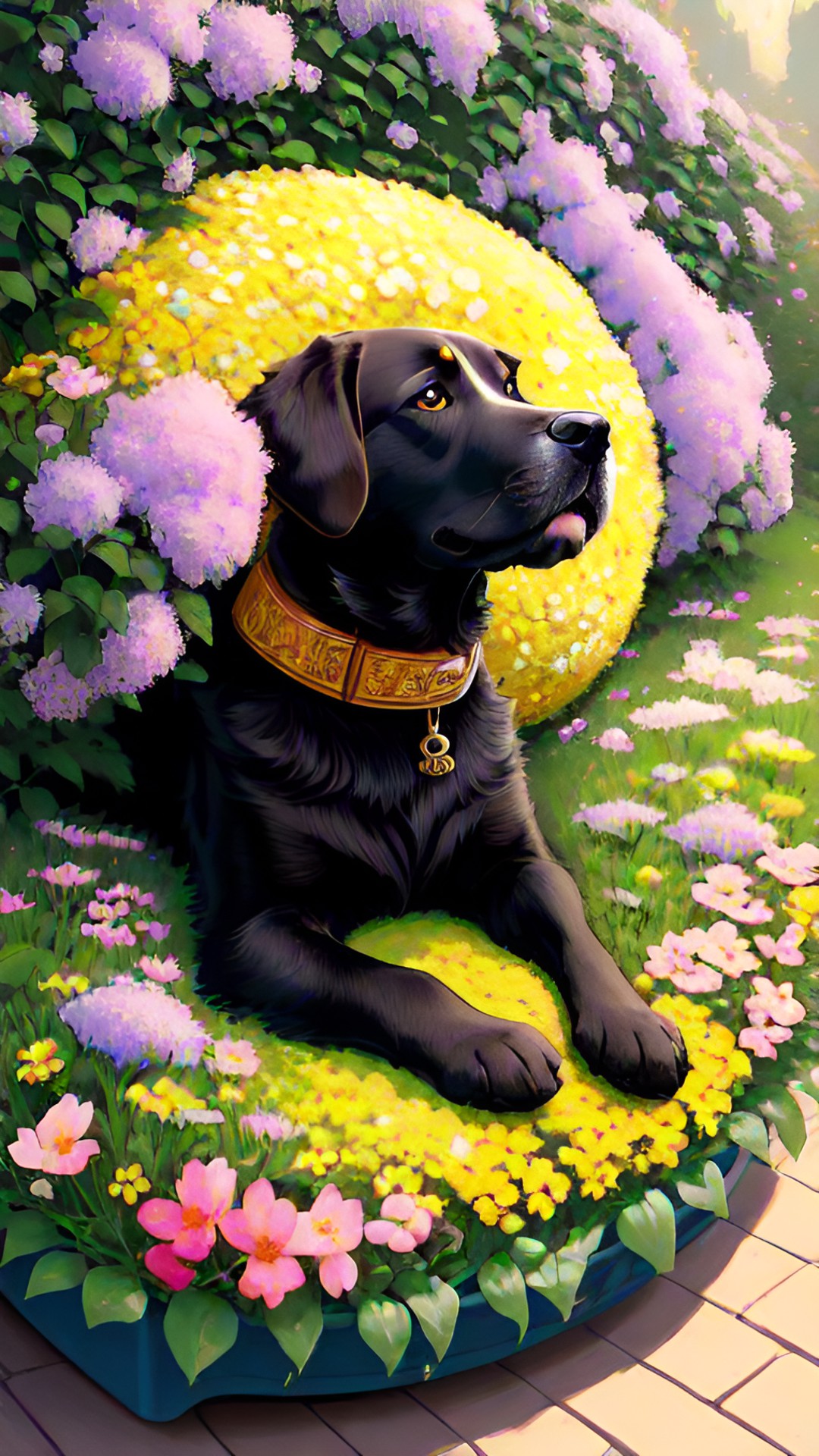 dog in bed of flowers preview