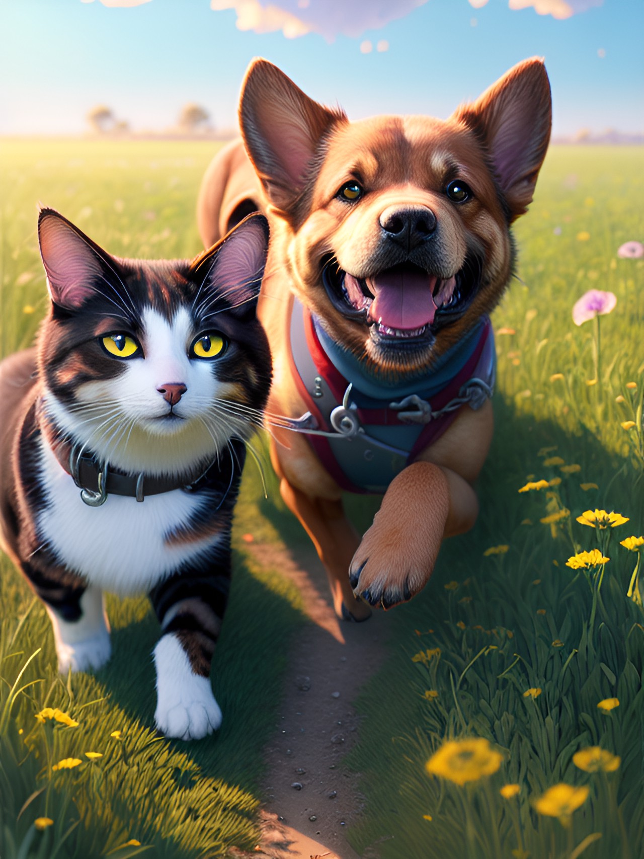 dog and cat playing in field preview