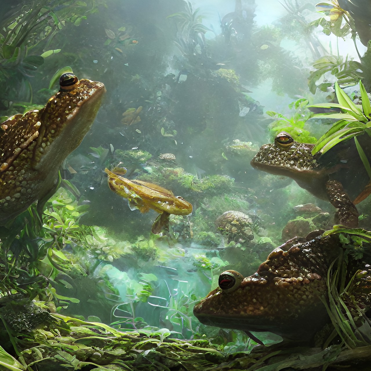 Soft touch - top down close up view of small nature pond with fish frogs insects jelly fish coral with tropical plants and trees mist hugging the edges preview