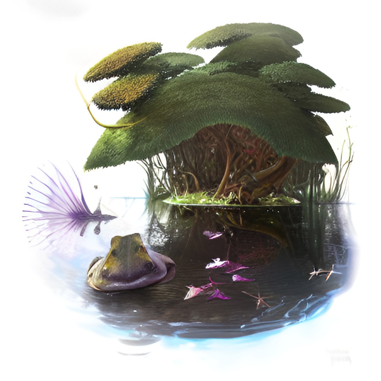 Soft touch - top down close up view of small nature pond with fish frogs insects jelly fish coral with tropical plants and trees mist hugging the edges preview