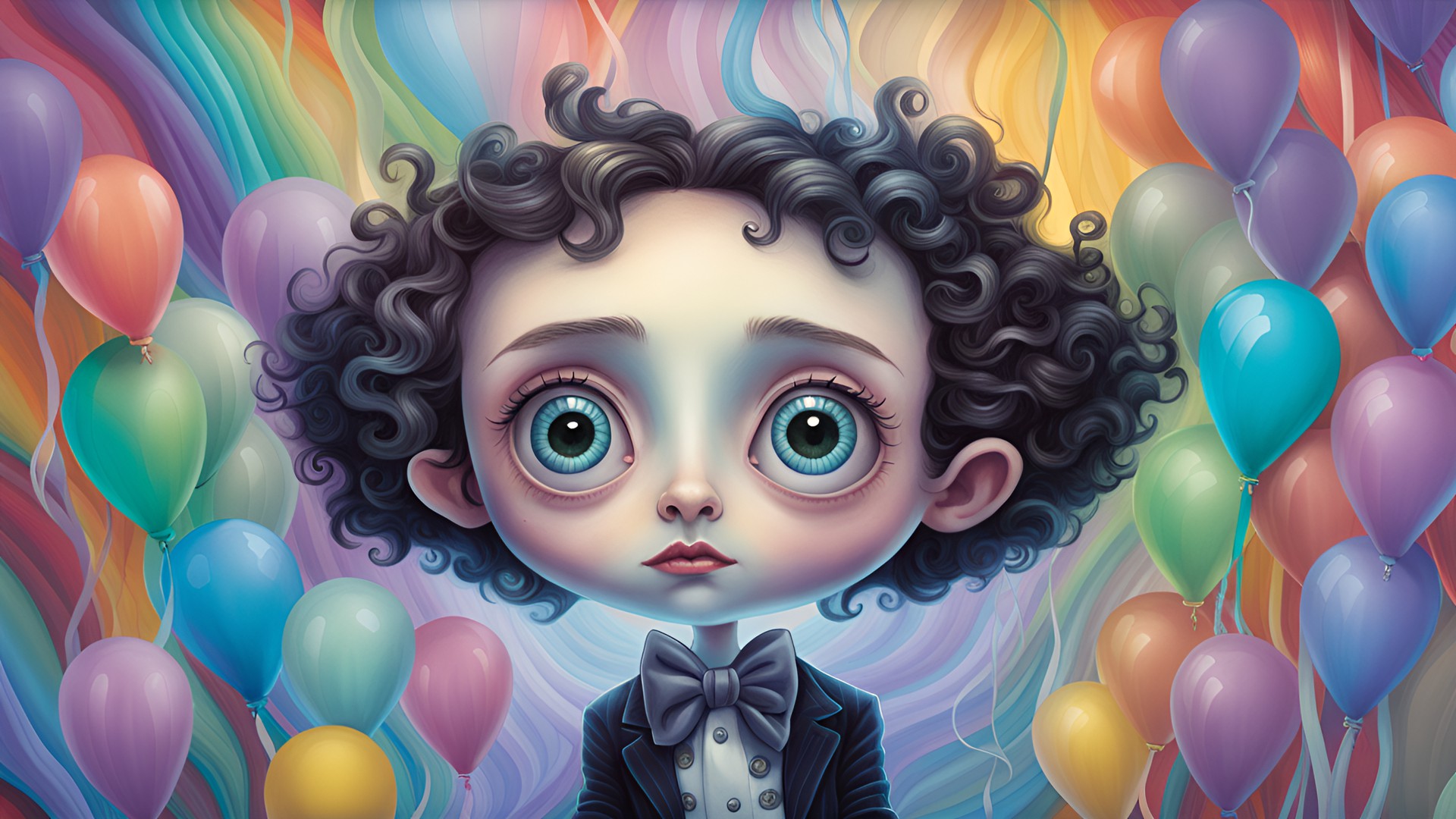 tim burton artstyle, gradient rainbow streamers and pastel rainbow balloons, mark ryden art style, large glossy eyes, pop surrealism, beth cavener artstyle, high texture, whimsical, excellent composition, fix everything, ultra detailed portrait, idealation, bob doucette artstyle, dynamic pose, high saturation, new school preview