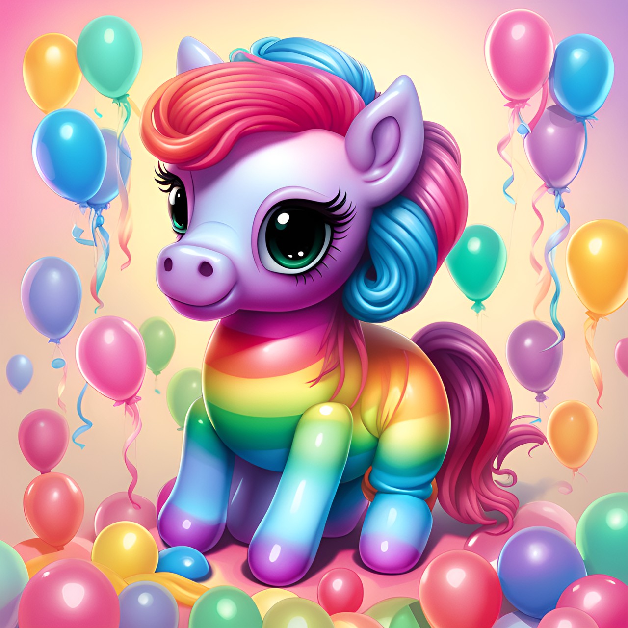 isometric gummy gradient rainbow chibi pony made of streamers and rainbow balloons, mark ryden art style, large glossy eyes, pop surrealism, beth cavener artstyle, high texture, whimsical, excellent composition, fix everything, ultrafine detailed portrait, idealation, bob doucette artstyle, dynamic pose, high saturation, new school, preview