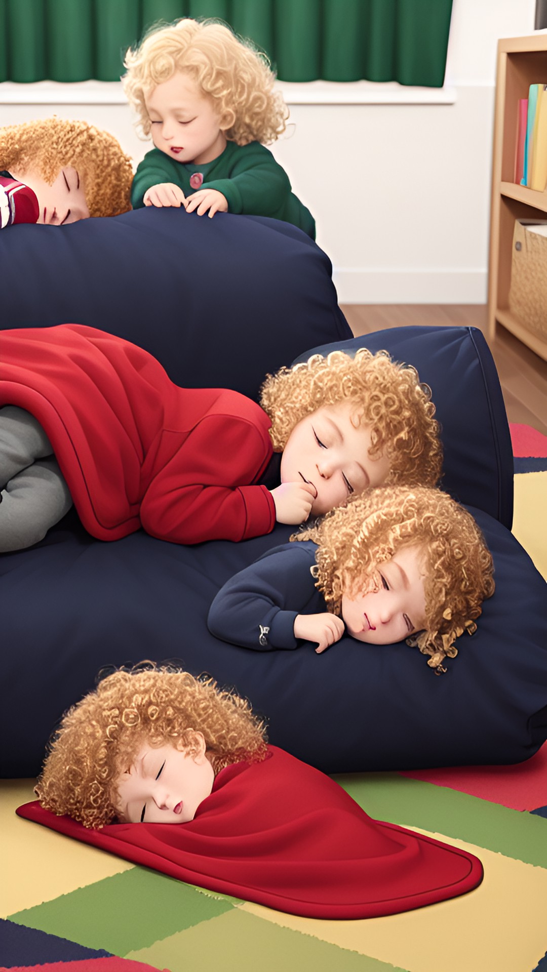 several blonde haired curly haired children sleeping on a navy blue couch and the ground covered in red blankets and green blankets preview