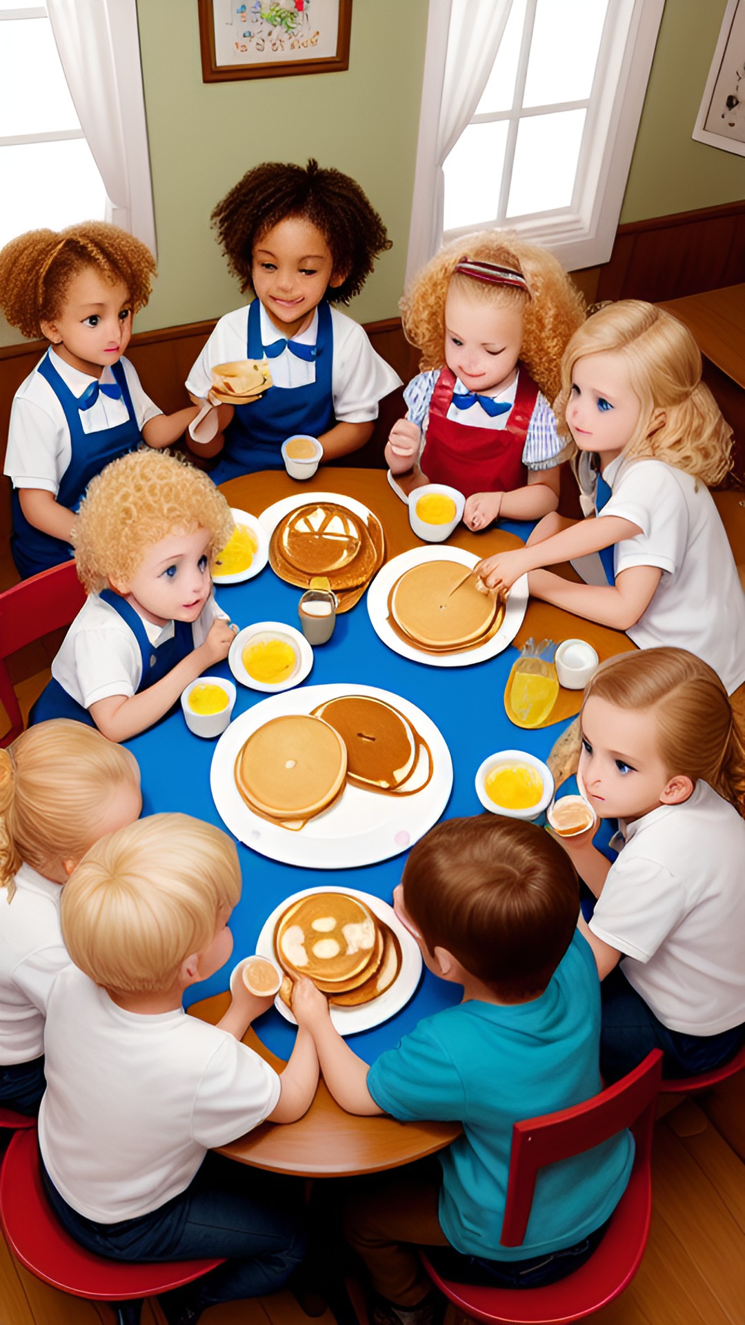 seven blonde children with curly hair sitting around a table eating pancakes for breakfast preview