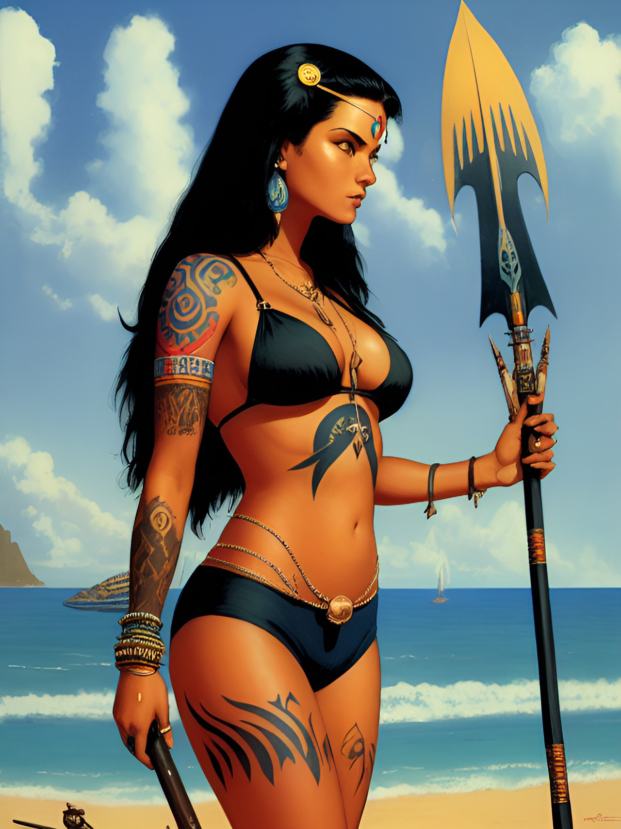 sun kisses island woman with black hair and tribal tattoos on the beach holding a spear with a skull on it preview