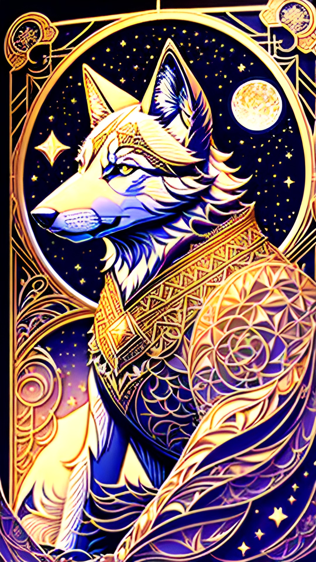 kirigami paper art, embossed fine detailing, art nouveau , gold filigree, very stoic wolf with starry sky preview