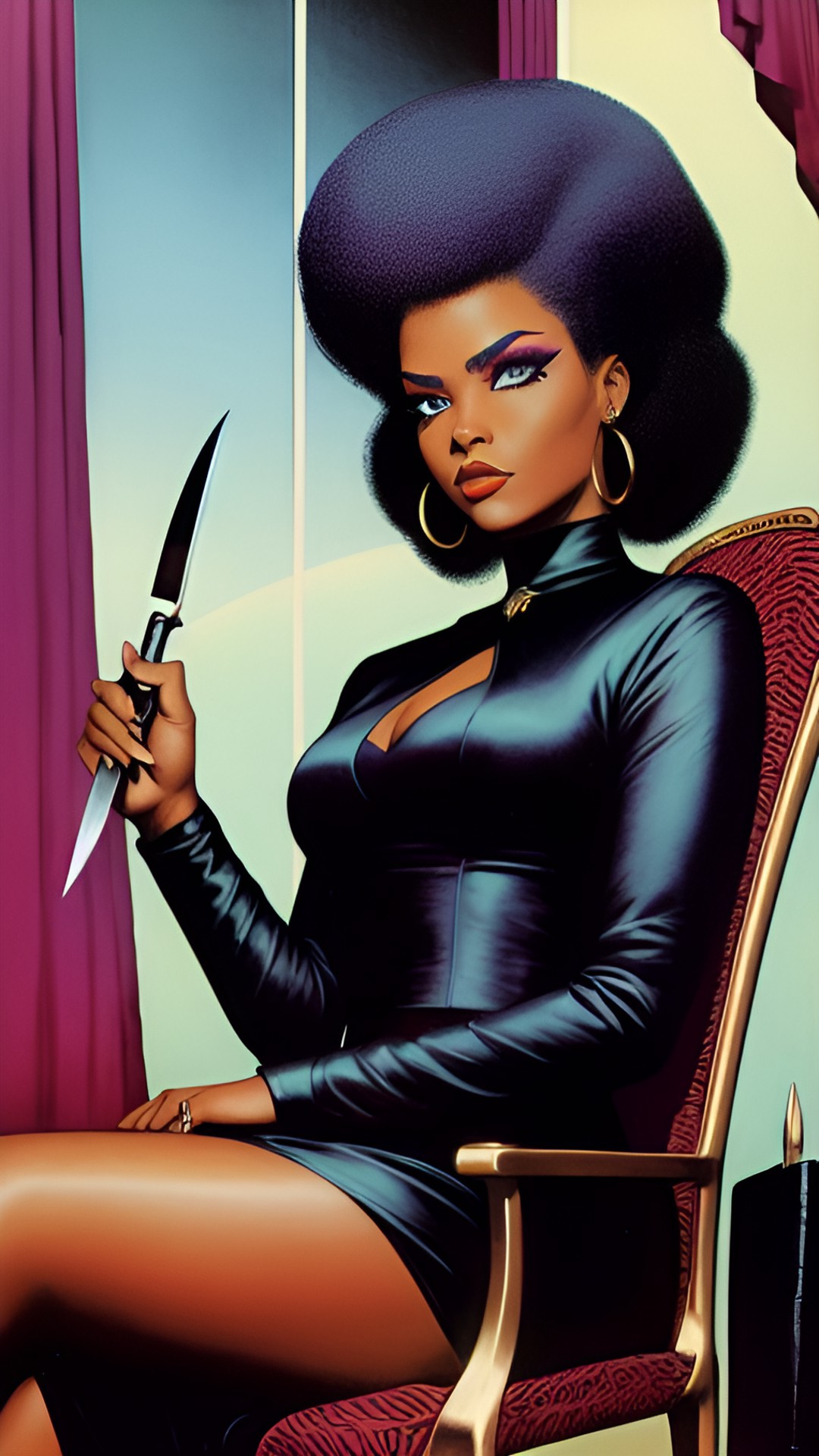 women with afro and golden eyes smokey eye makeup wearing all black silk sitting in a chair holding a knife in a room preview