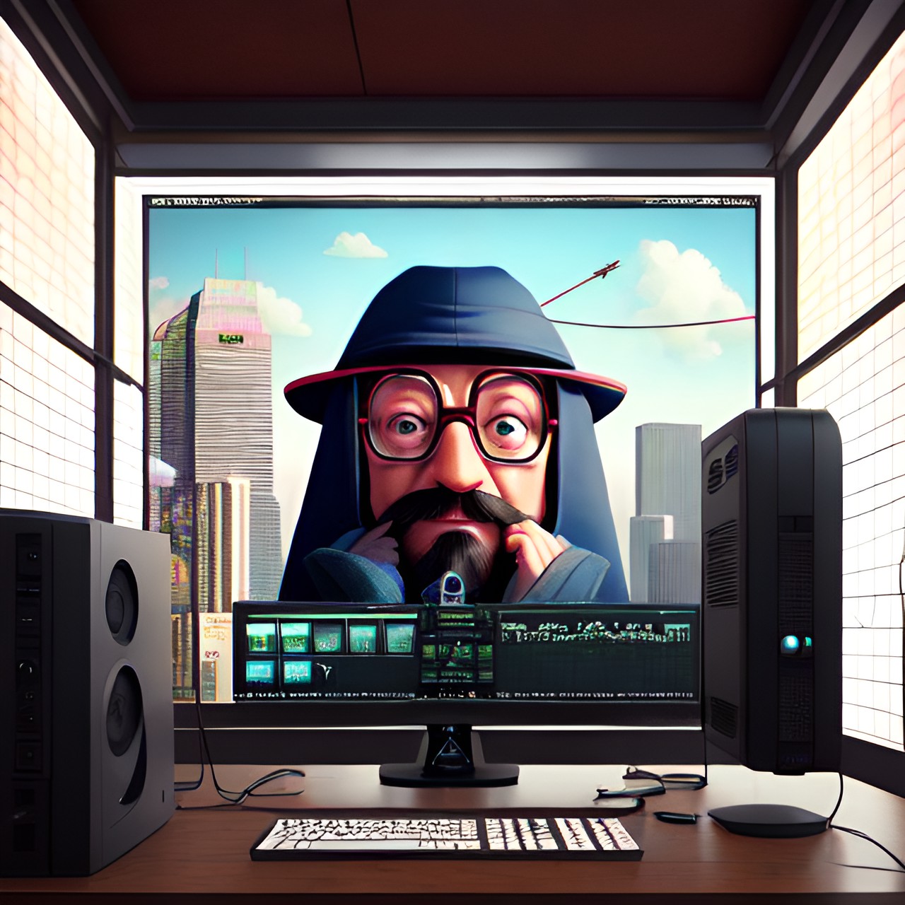 screen size:fill - grotesque humorous illustration on dallas computershop, nerd hacker work on retro pc,lonely, nice, soft lighting, hyperrealism, looking at viewer, by range,by michael william & pixar,3d octane render,grunge scene preview