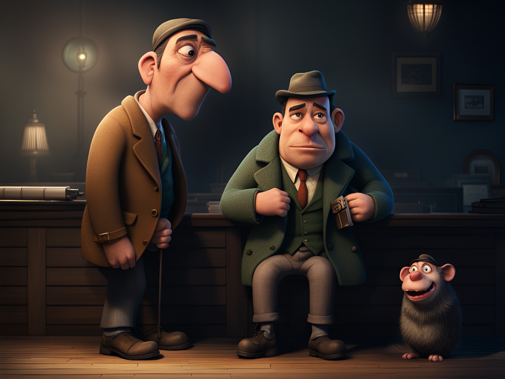 The Gang - detective talk with ugky suspect  on budapest 
,grotesque humorous  illustration,lonely, nice, soft lighting, hyperrealism, looking at viewer, by range,by michael william & pixar,3d octane render,grunge scene preview