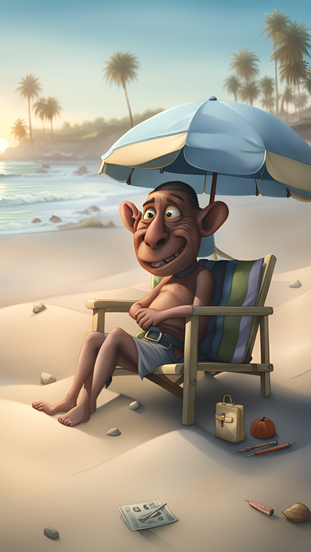 sunshine - ccg card of los angeles beach life 
,grotesque humorous  illustration,lonely, nice, soft lighting, hyperrealism, looking at viewer, by range,by michael william & pixar & arthurrackham,3d octane render preview