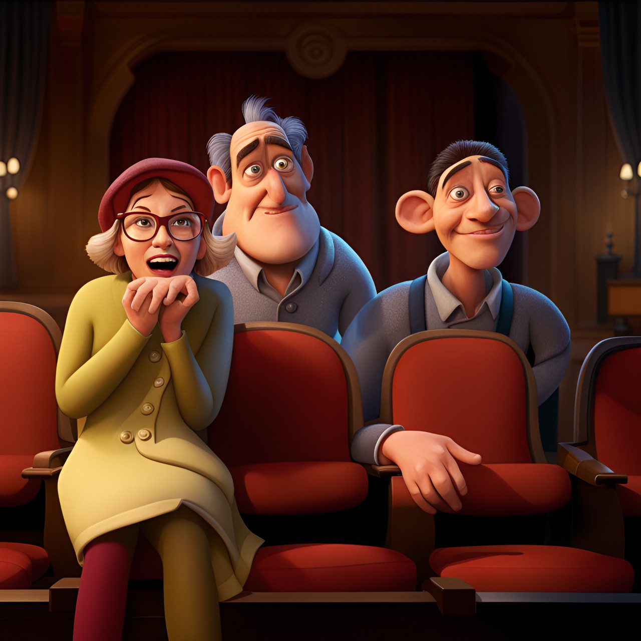 exciting art show - theater lecture
,grotesque humorous illustration, nice, soft lighting, hyperrealism, looking at viewer, by range,by michael william & pixar,(3d render with incredible detailed textures :2) preview