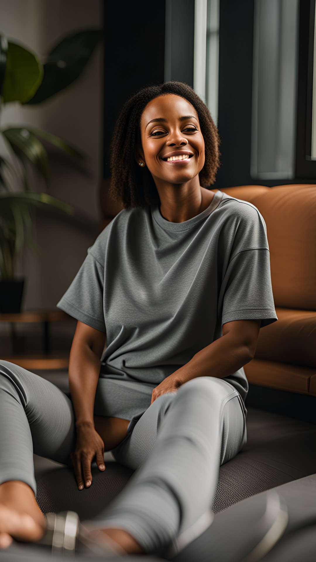 woman in t-shirt and sweatpants just relaxing on a saturday preview