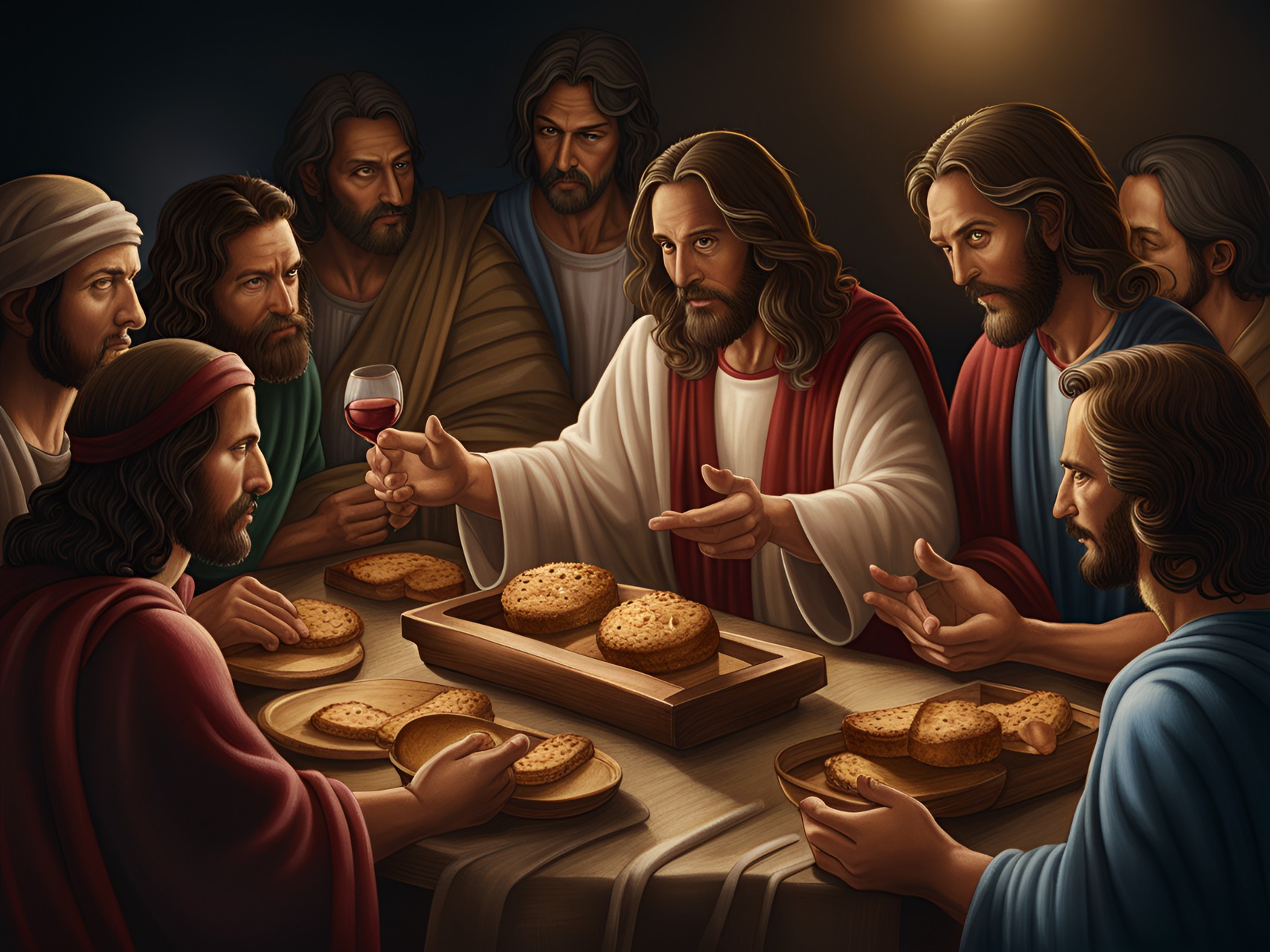 jesus and his disciples at the last supper, jesus holding in his hands unleavened bread and wine, highly detailed, fantasy art preview