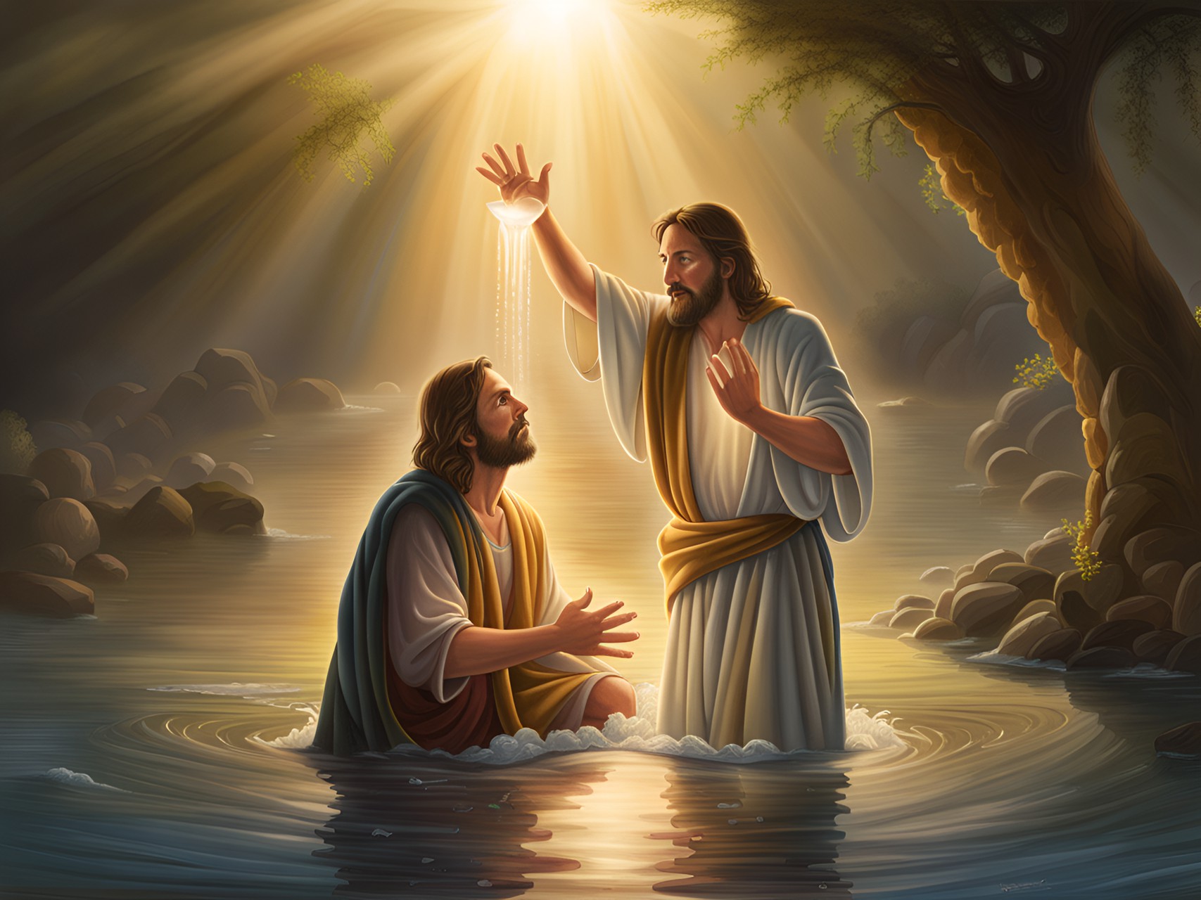 jesus in the river jordan, john the baptist  pouring water on jesus's head, jesus praying, light coming down from heaven, highly detailed, fantasy art preview