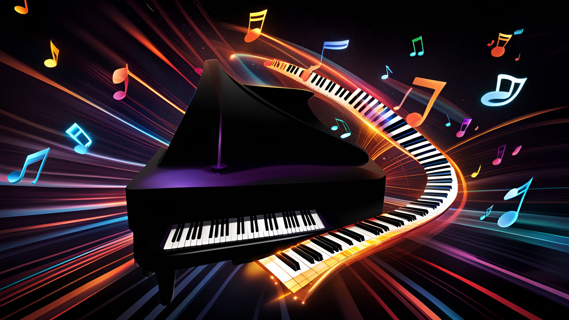 Synth - warped 3d music notes and piano keys flying through spice and time. the image has a spectral color theme. preview