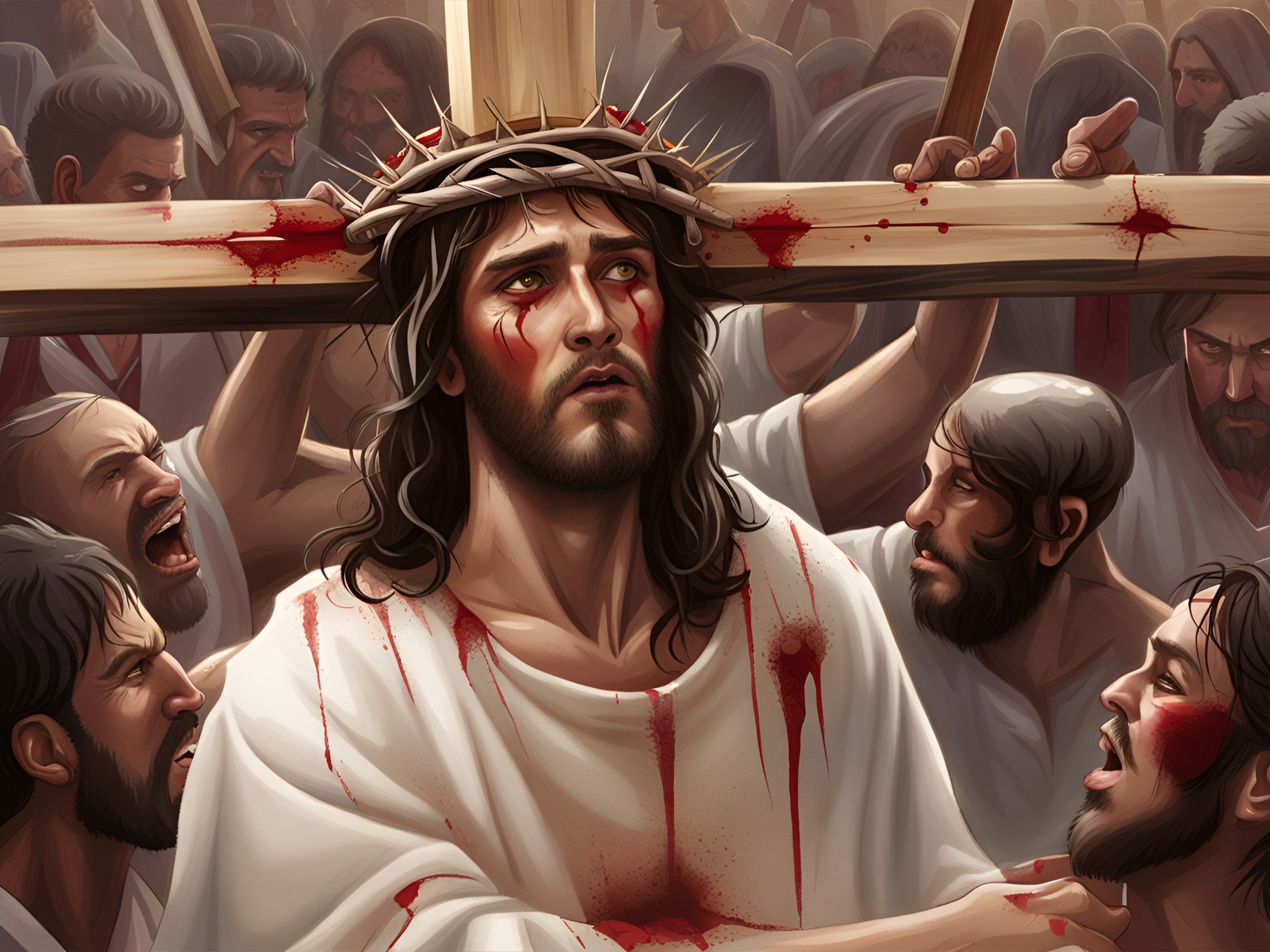 jesus covered in blood, wearing a long white tunic, bruised and full of scratches,crown of thorns on his head, a wooden cross dragged on him, surrounded by crowd, highly detailed, fantasy art preview