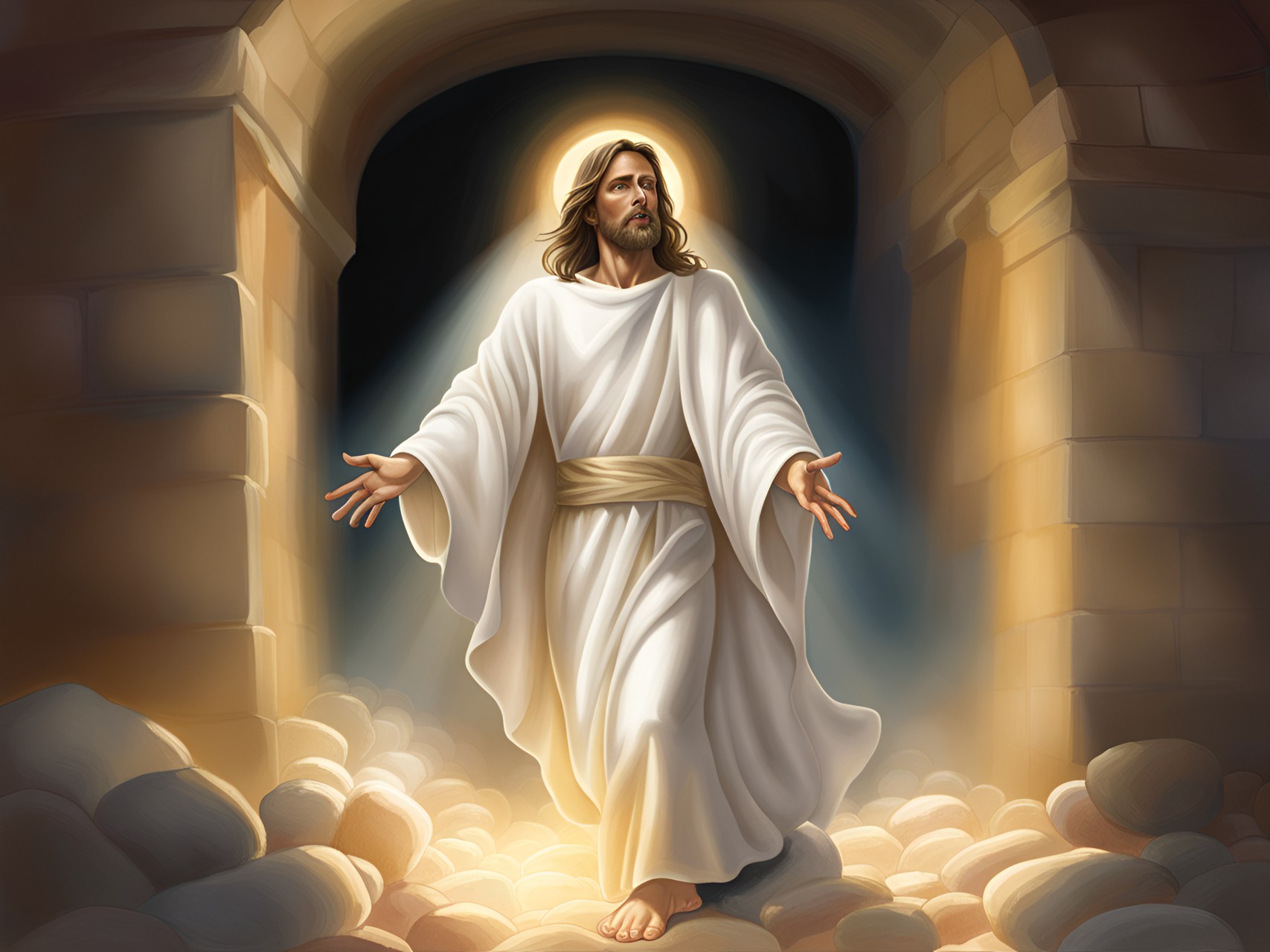 jesus raised from the dead, wearing a white garment, coming out of his tomb, light coming out of him, highly detailed, fantasy art preview