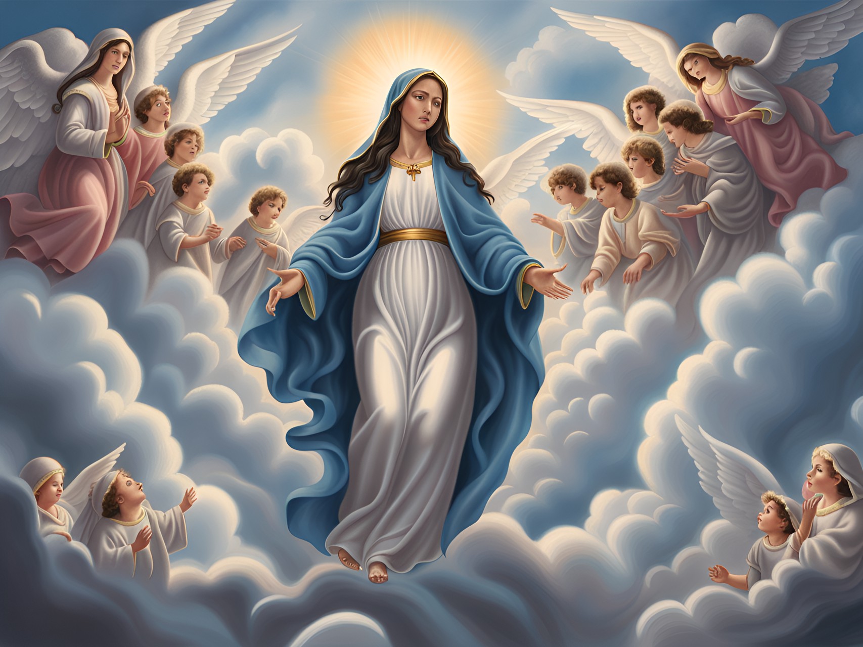 the virgin mary with dark hair,  ascending up to heaven in the clouds, angels in clouds, highly detailed, fantasy art preview