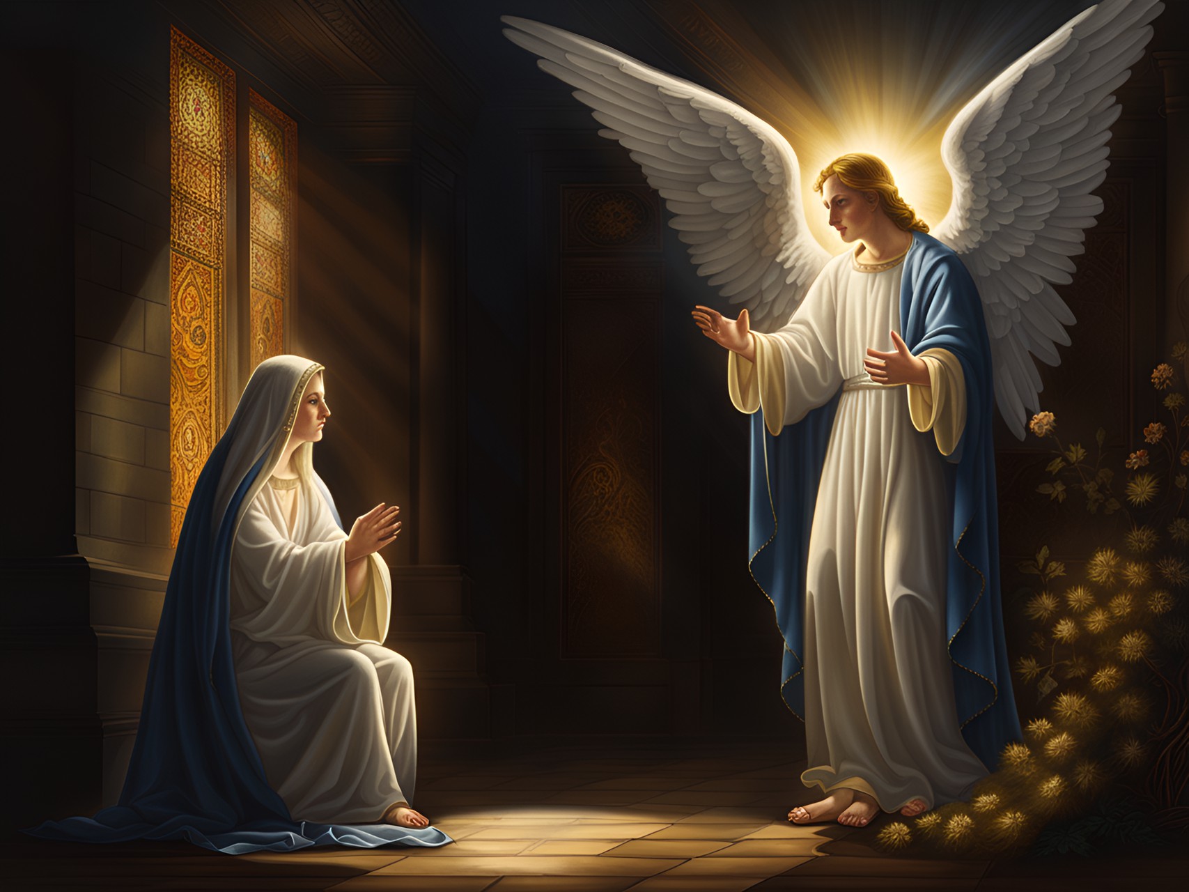 the male angel gabriel appears to the virgin mary, light in a dark room,  highly detailed, fantasy art preview