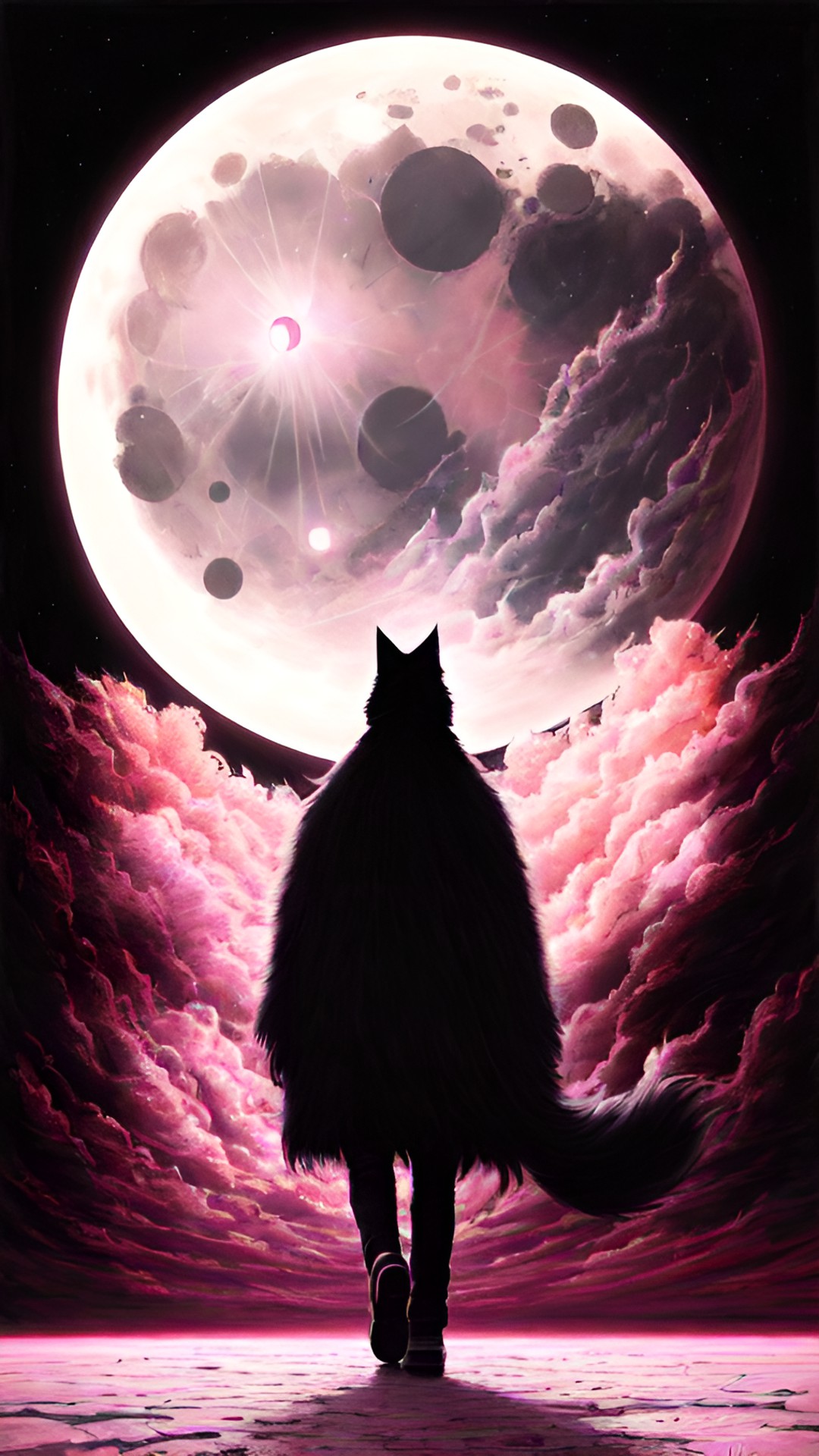 black cat walking on pink moon preview