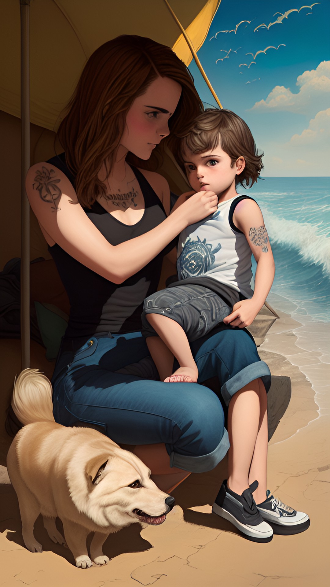 Remix - emma watson with tattoos holding her son while his twin sister plays next to them preview