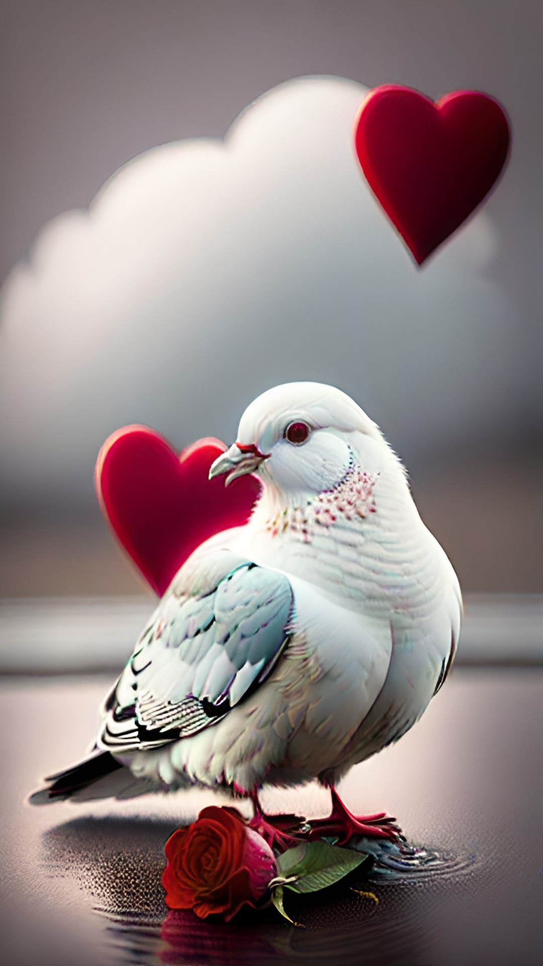 white dove with red hearts and roses in the background preview