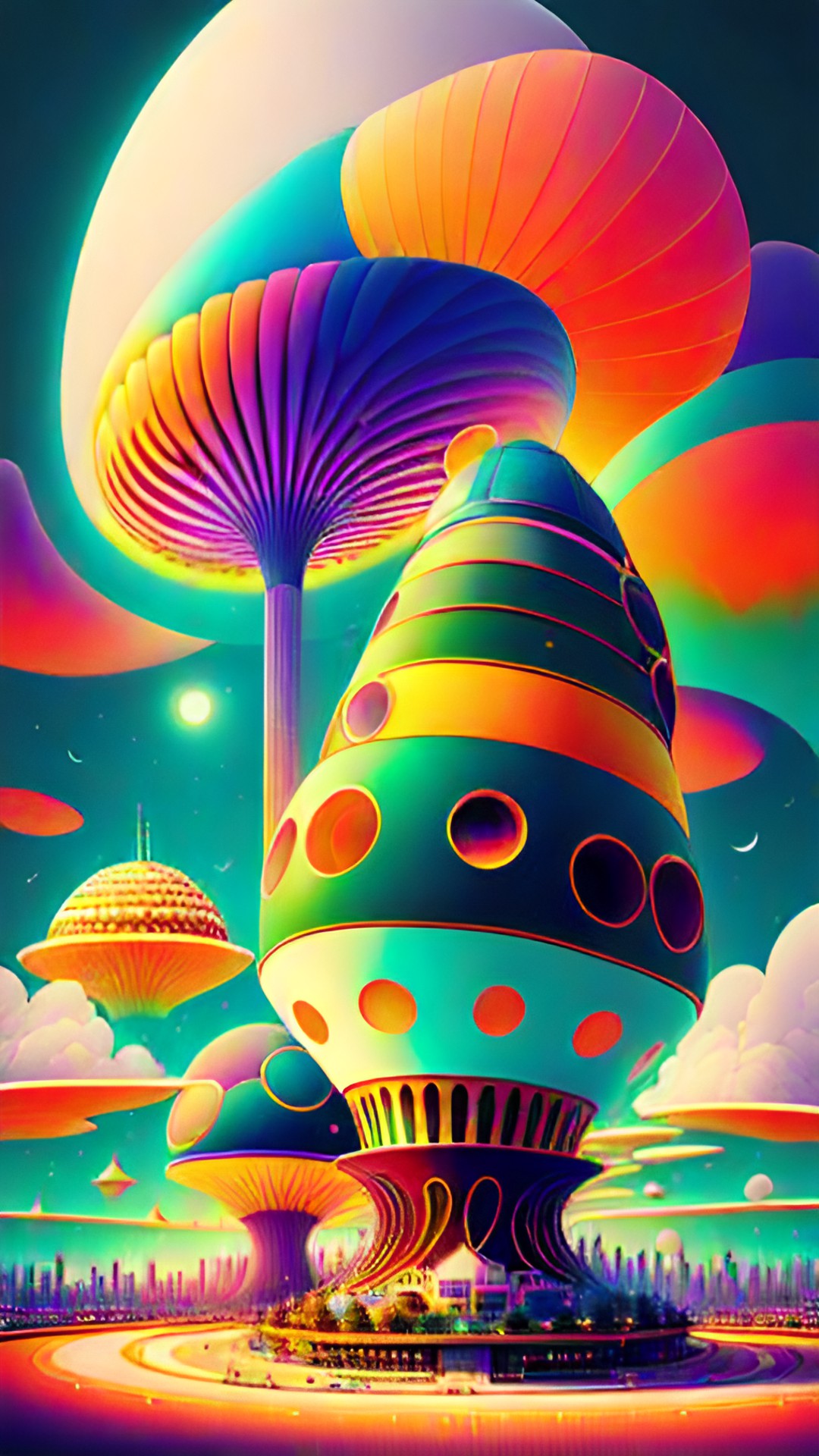 a scenic view of a futuristic city where all the buildings are inside giant organic mushrooms. the sun is a spiral and the clouds are rainbow colored fractals. preview