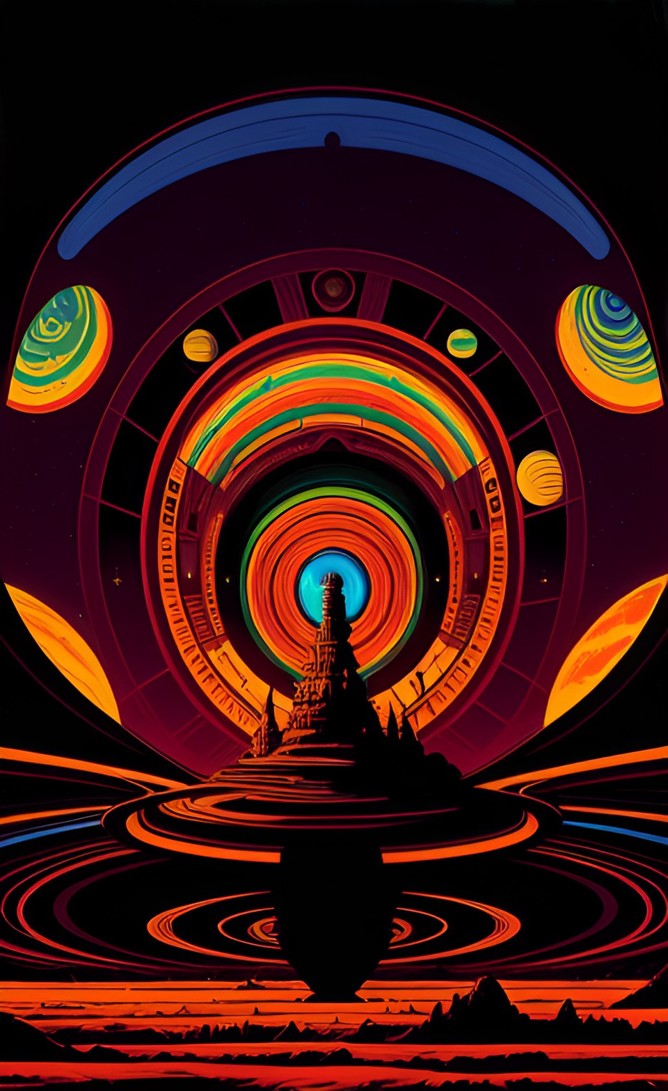 arches, saturn, psychedelic, poster art. red planet, green sky preview