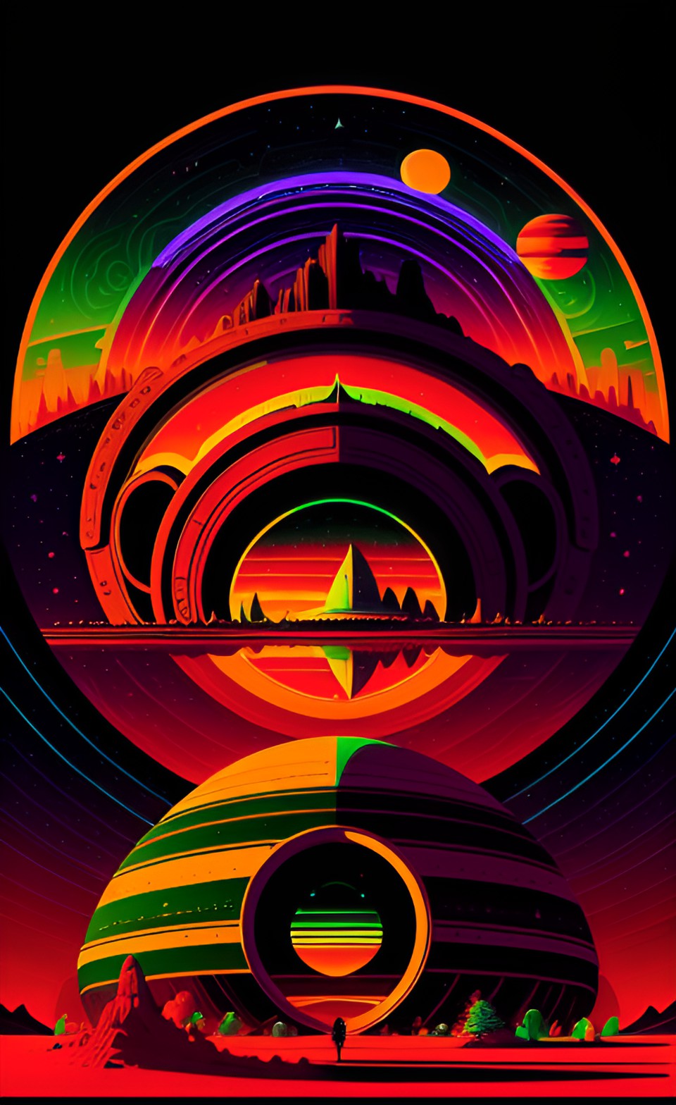 arches, saturn, psychedelic, poster art, red planet, green sky preview