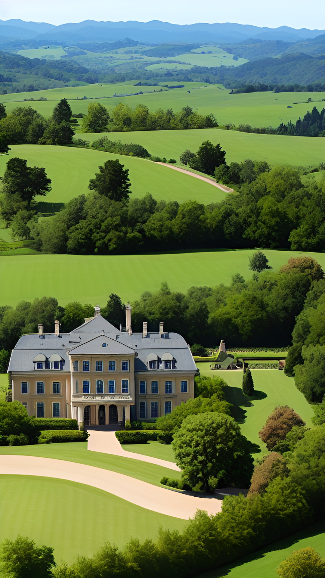 and enormous mansion in the middle of the country surrounded by hills preview