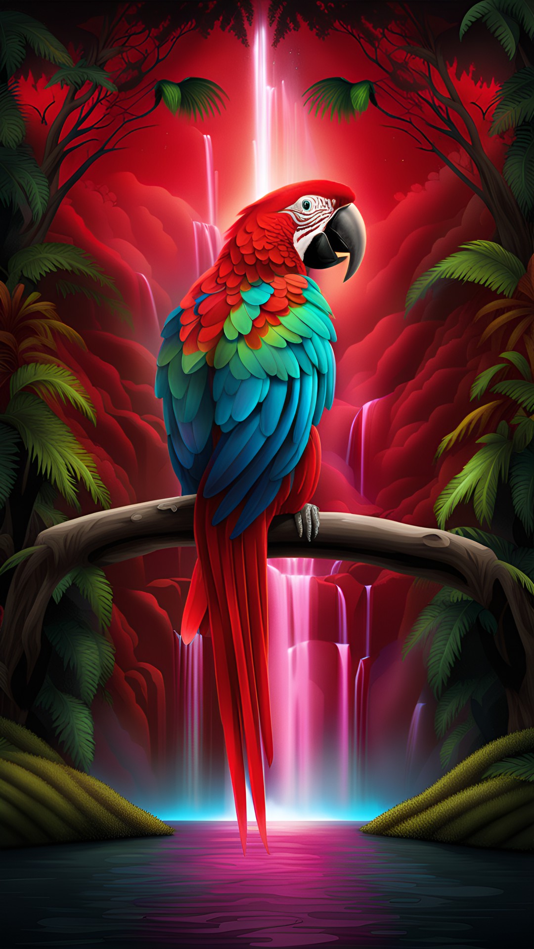 red macaw in a tree in front of a waterfall in a rainforest preview