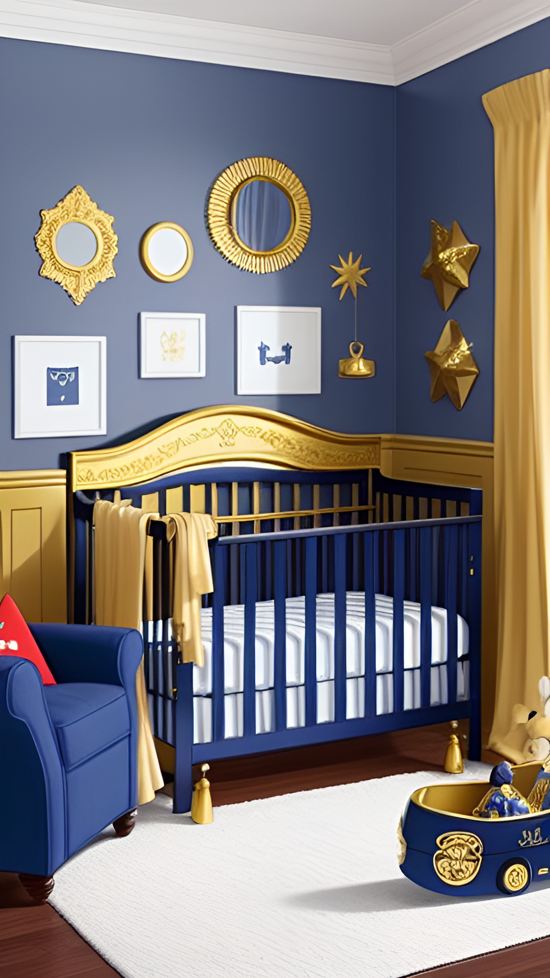 a fancy room navy blue and gold with a large crib and a little just filled with toys preview