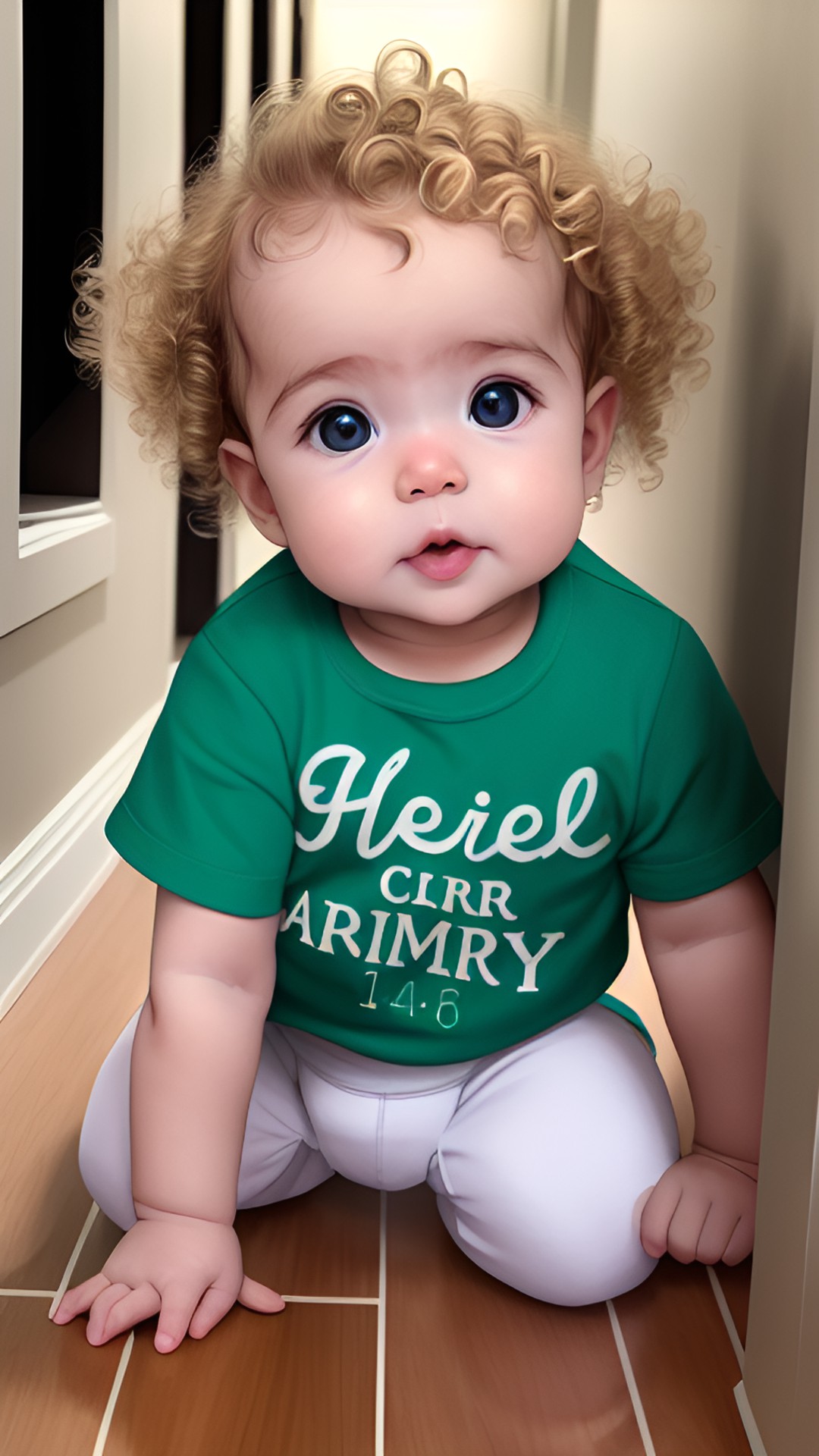 a baby 4 months old with curly blonde hair and green eyes wearing a diaper and t-shirt crawling down a hallway preview