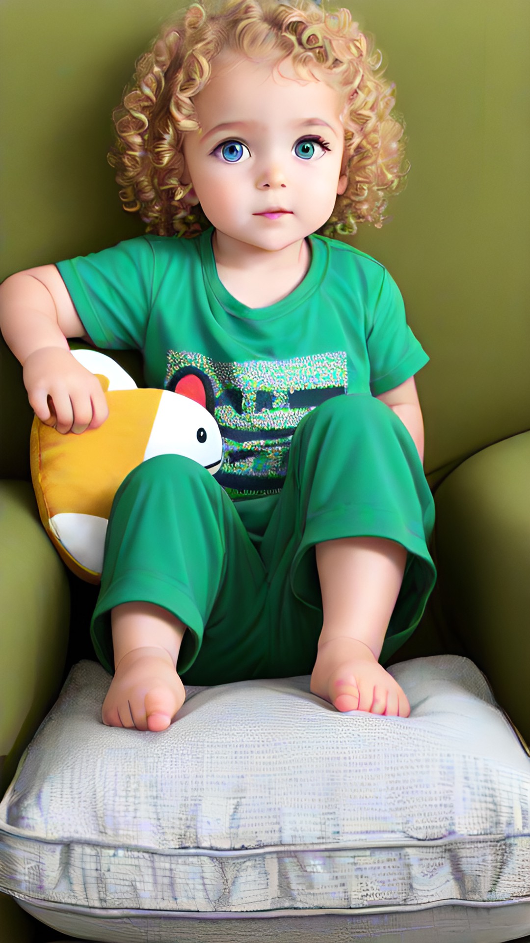 a toddler with curly blonde hair and green eyes sitting on a couch biting a cushion preview